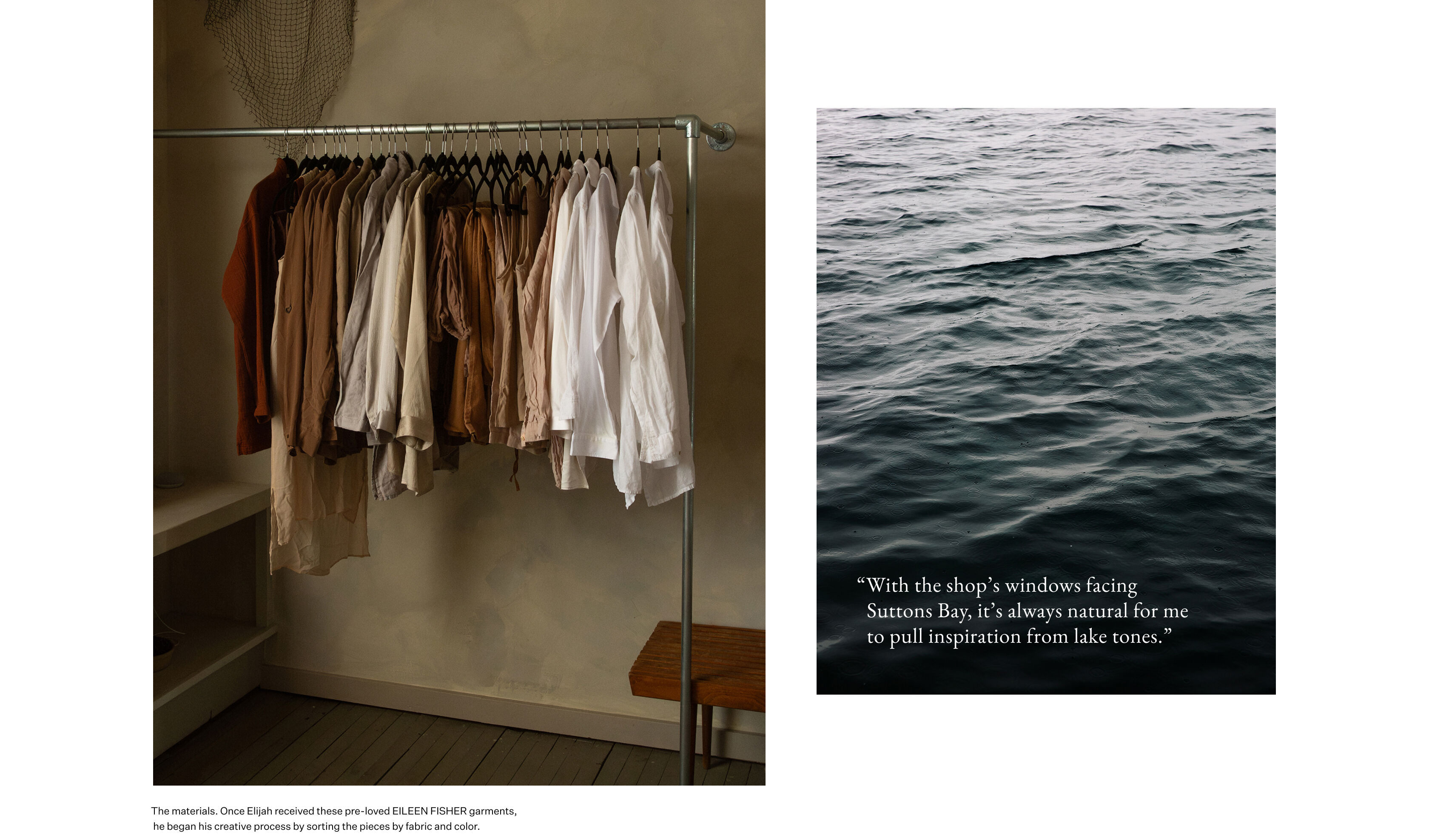 Linen, silk and denim EILEEN FISHER Renew garments sorted by brown, white and beige tones on a rack in Elijah's stores.