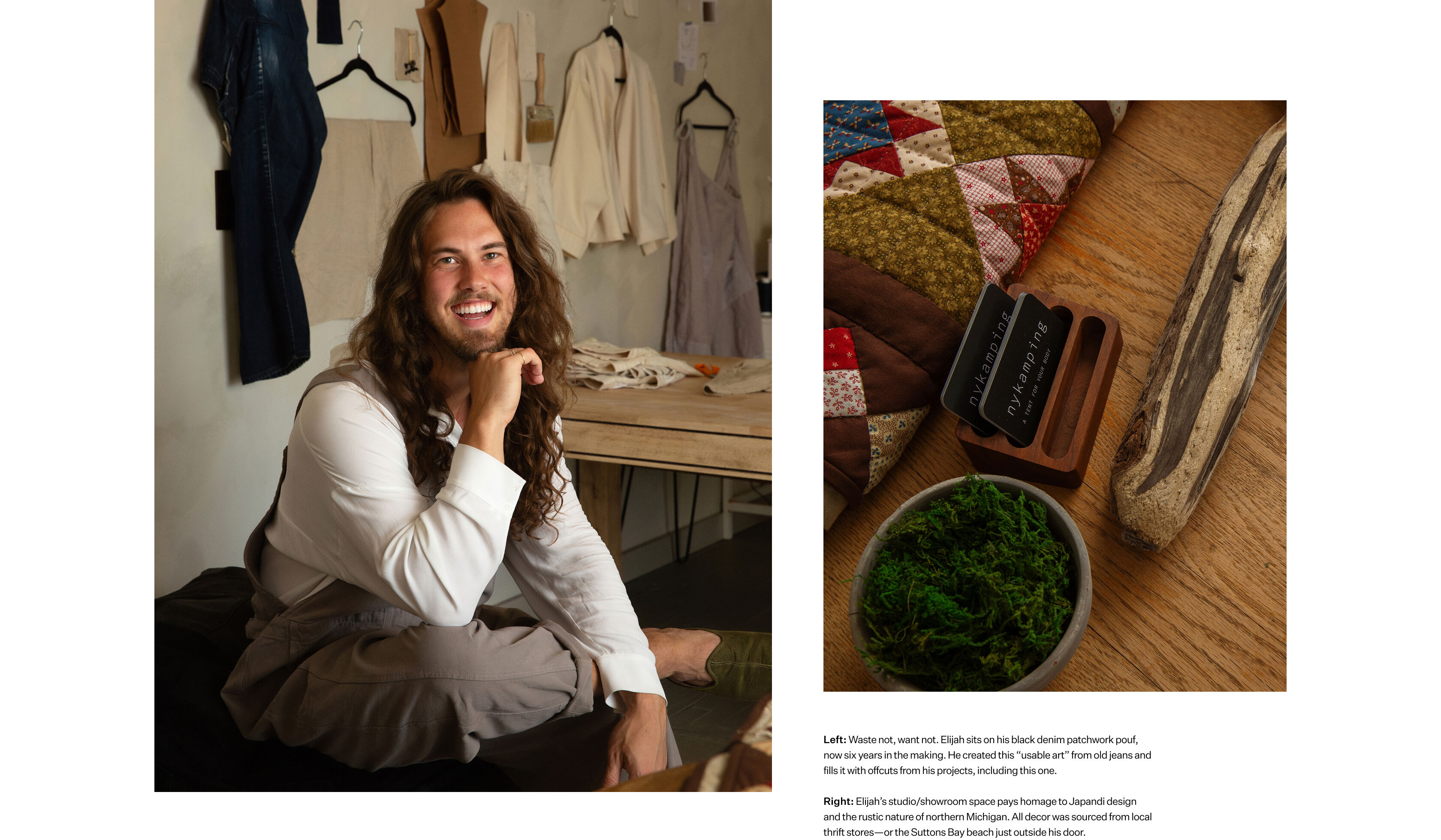 Elijah wears EILEEN FISHER Renew overalls and long sleeve in his store, nykamping.