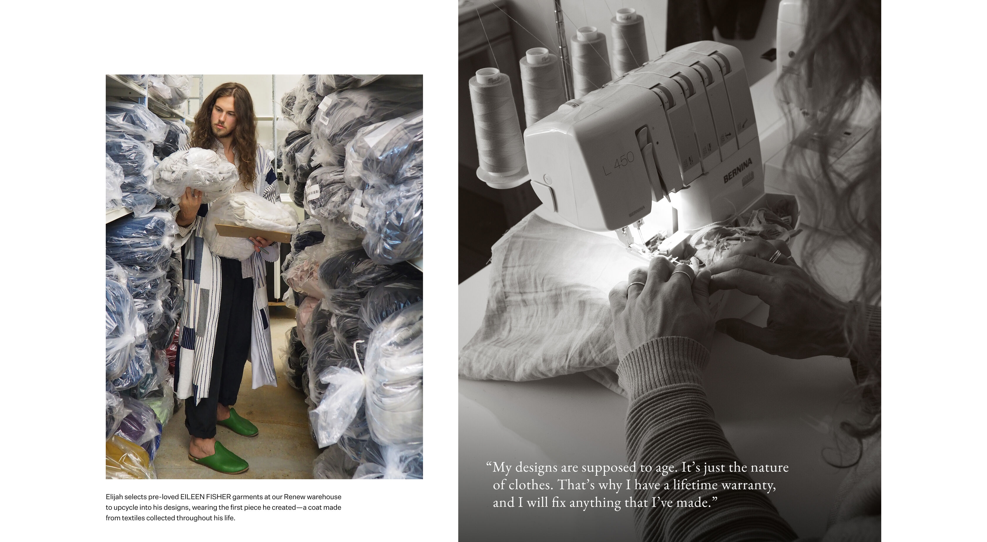 Elijah selects EILEEN FISHER Renew garments at the Renew warehouse to upcycle into his designs.