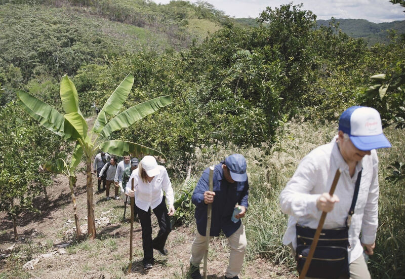 EILEEN FISHER team members climbing a hill in Peru.