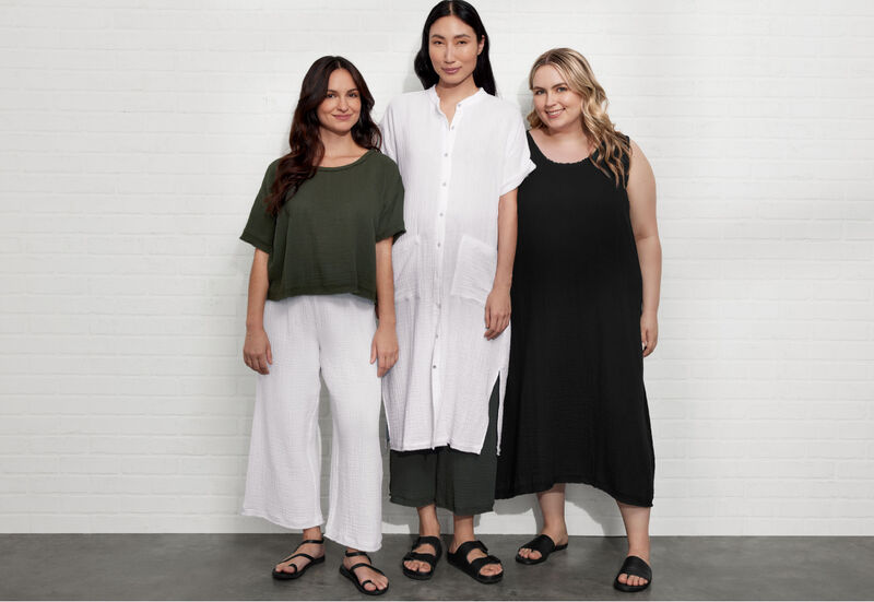 Three women wearing EILEEN FISHER clothes.
