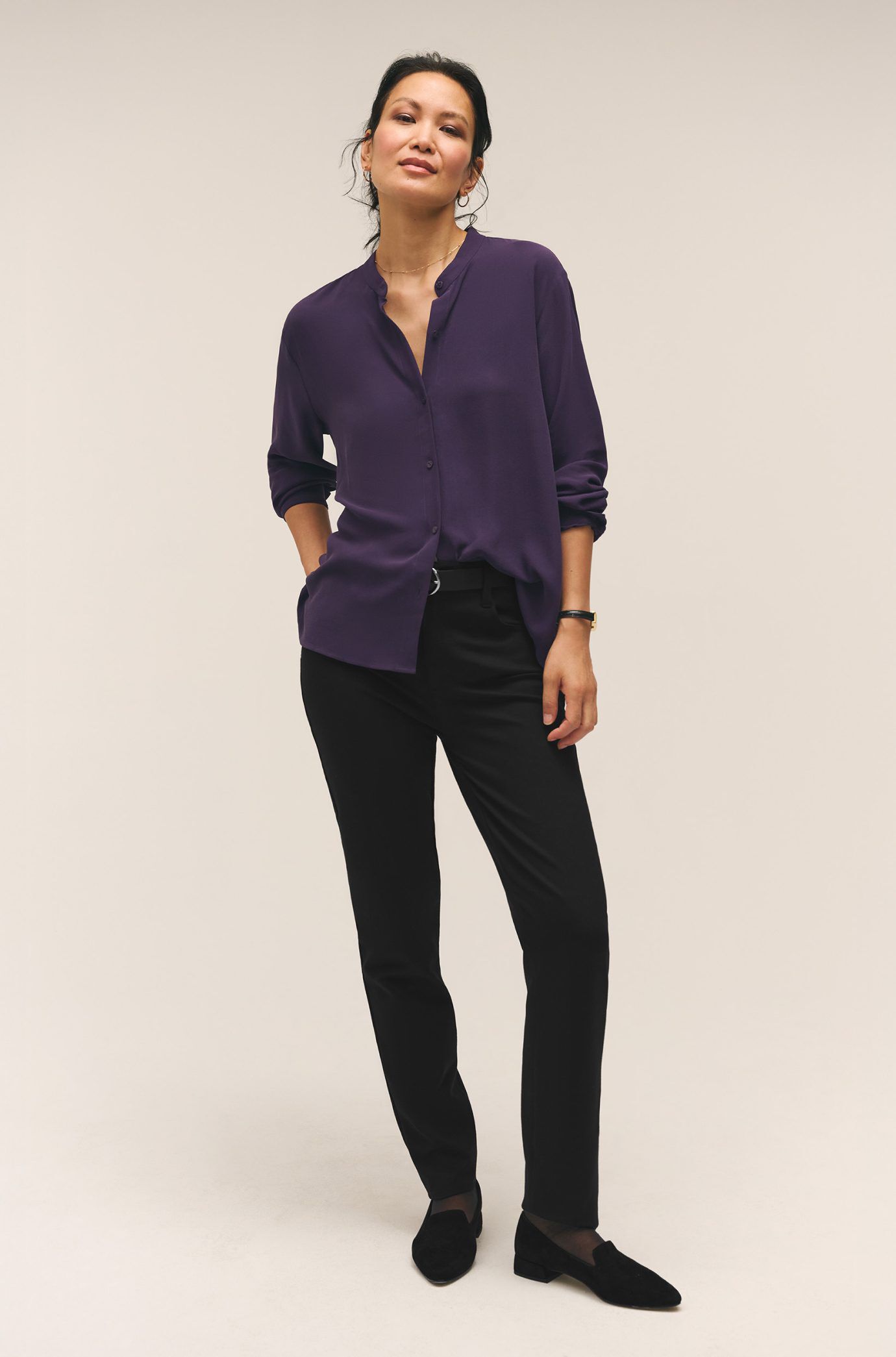 Silk Georgette Crepe Shirt and Washable Flex Ponte Slim Jean