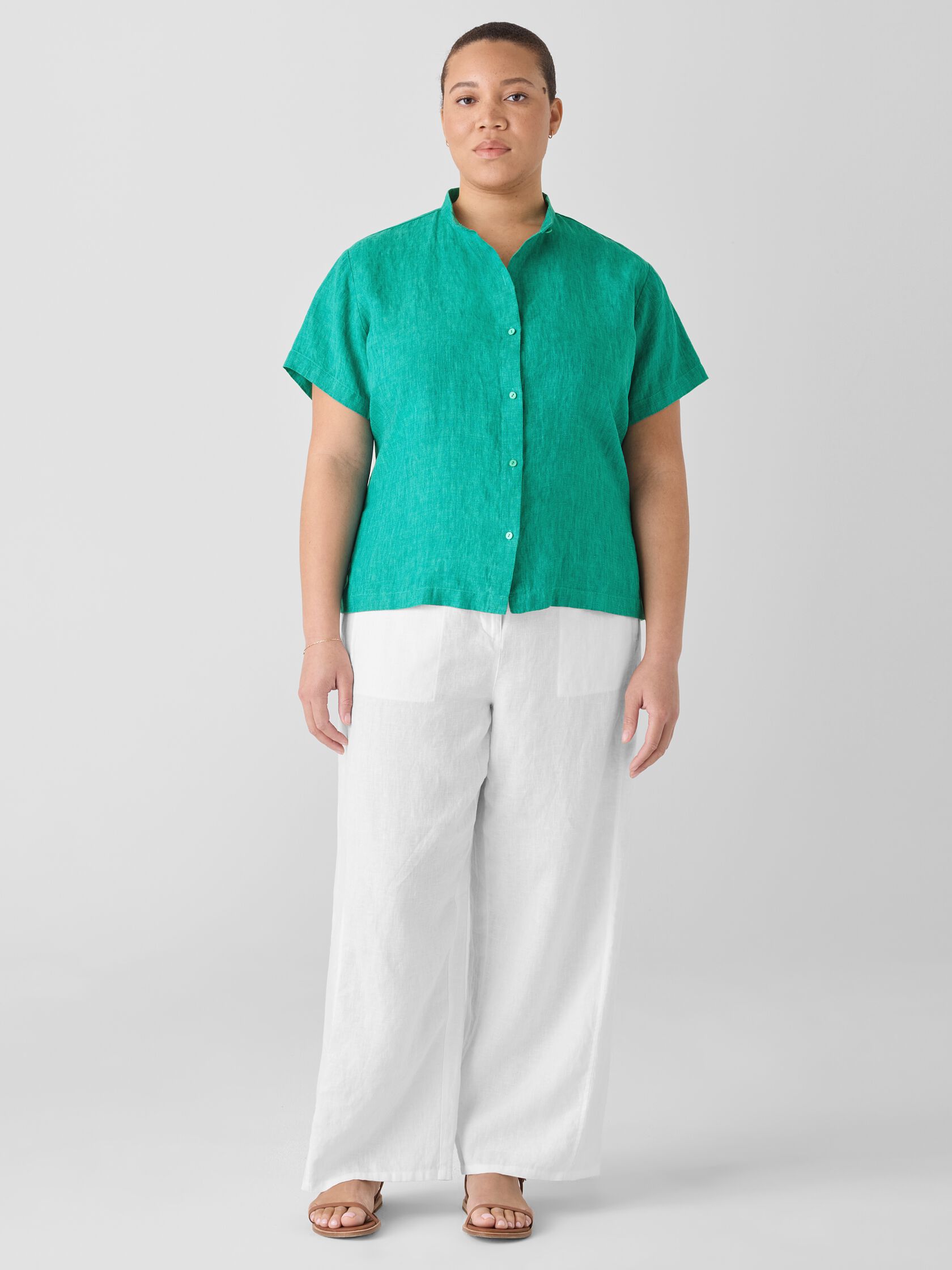 Washed Organic Linen D&eacute;lav&eacute; Band Collar Shirt