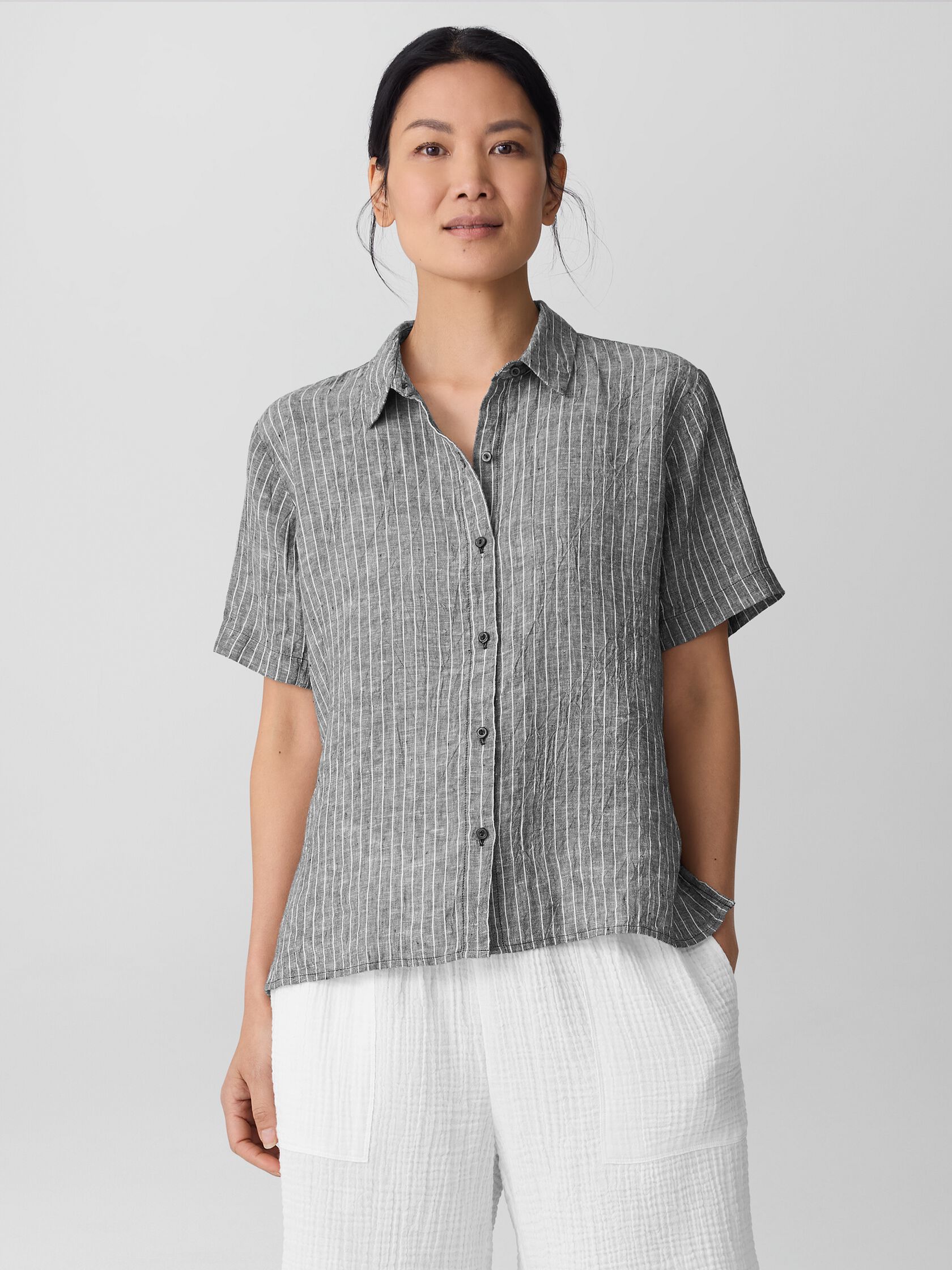 Puckered Organic Linen Short-Sleeve Shirt