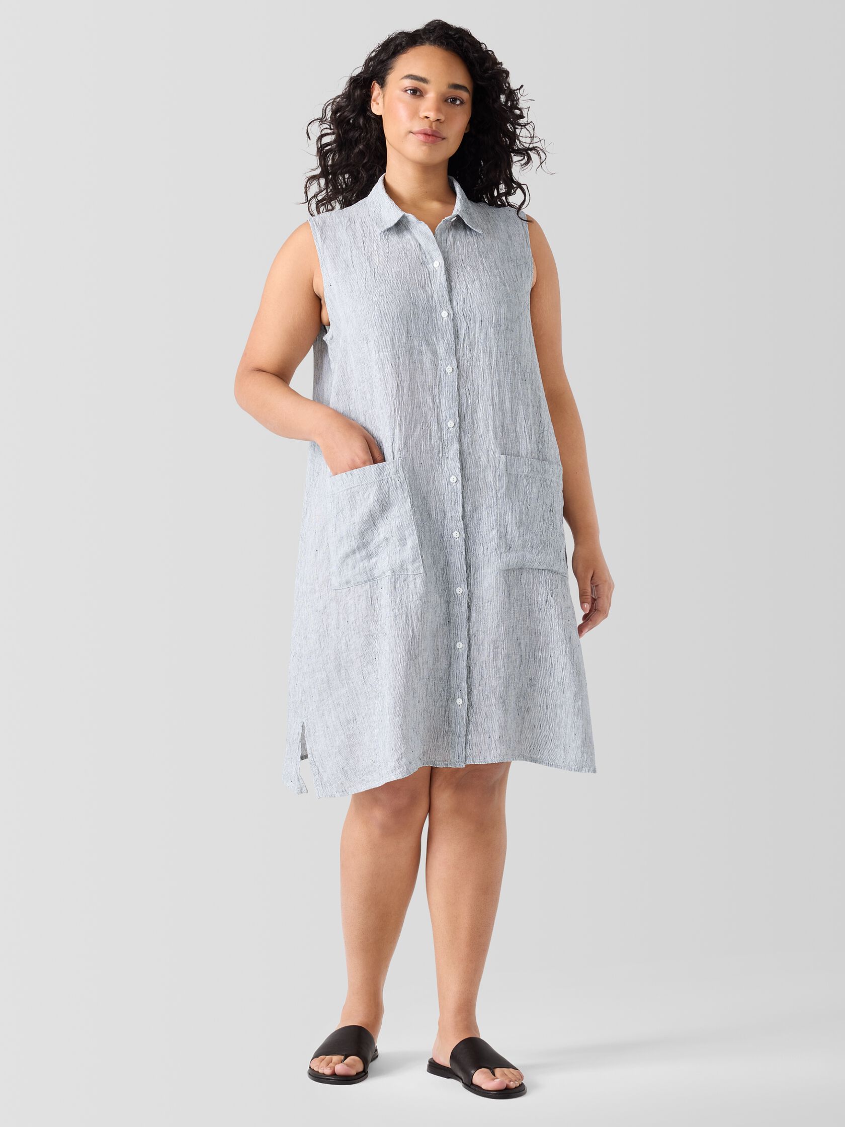 Striped Organic Linen Crinkle&nbsp;Sleeveless Shirtdress