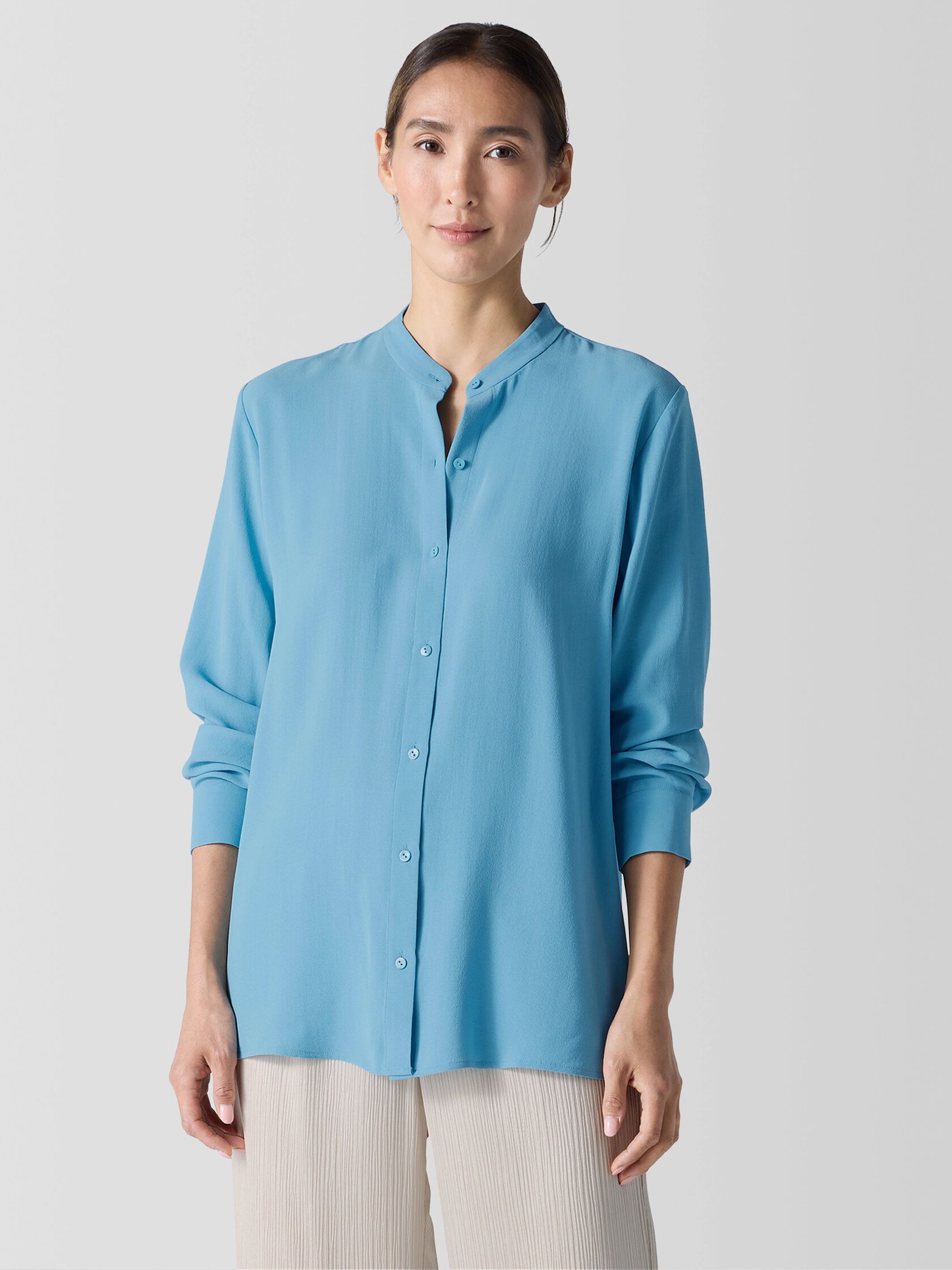 Silk Georgette Crepe Band Collar Shirt