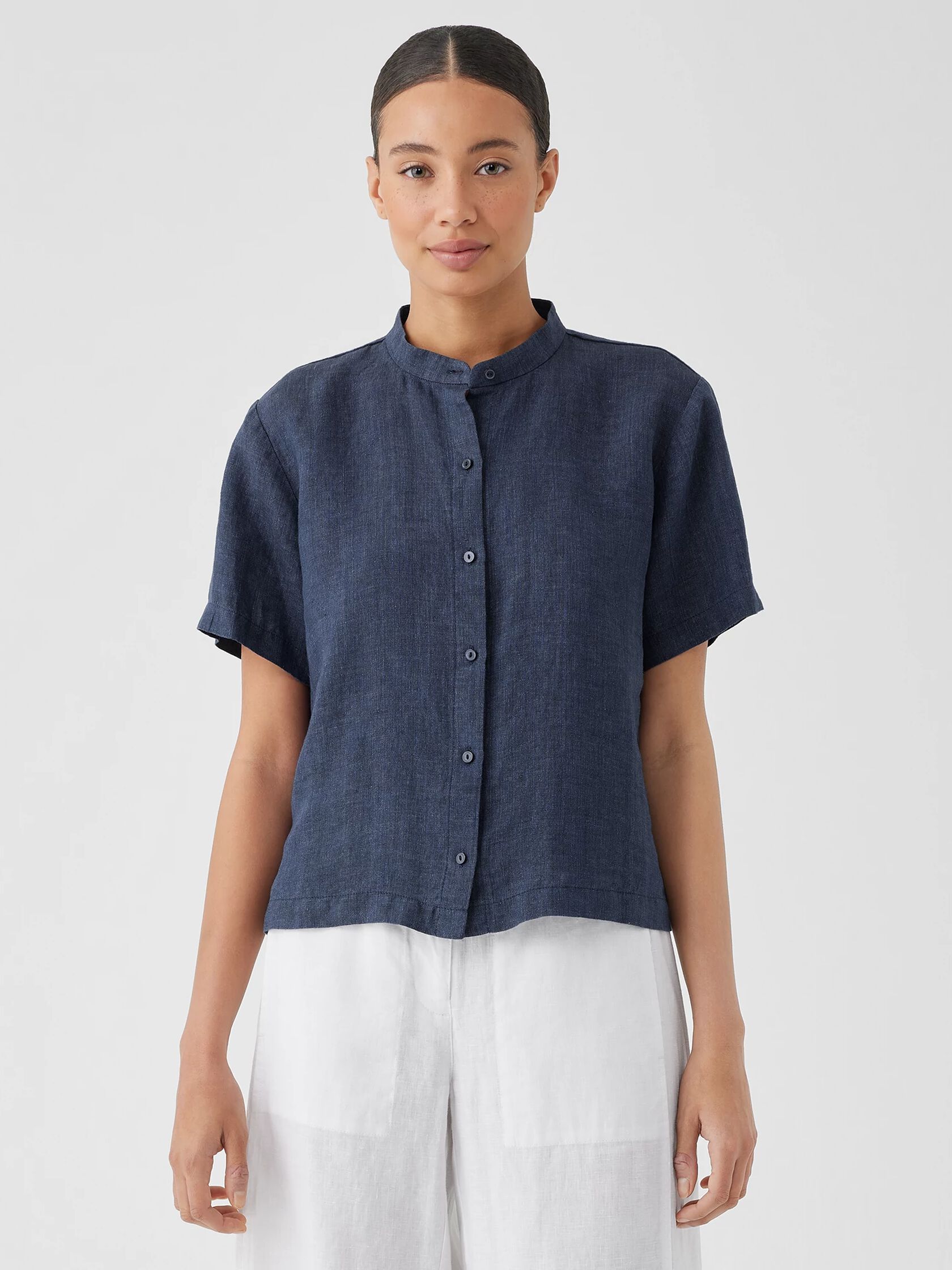 Washed Organic Linen D&eacute;lav&eacute; Band Collar Shirt