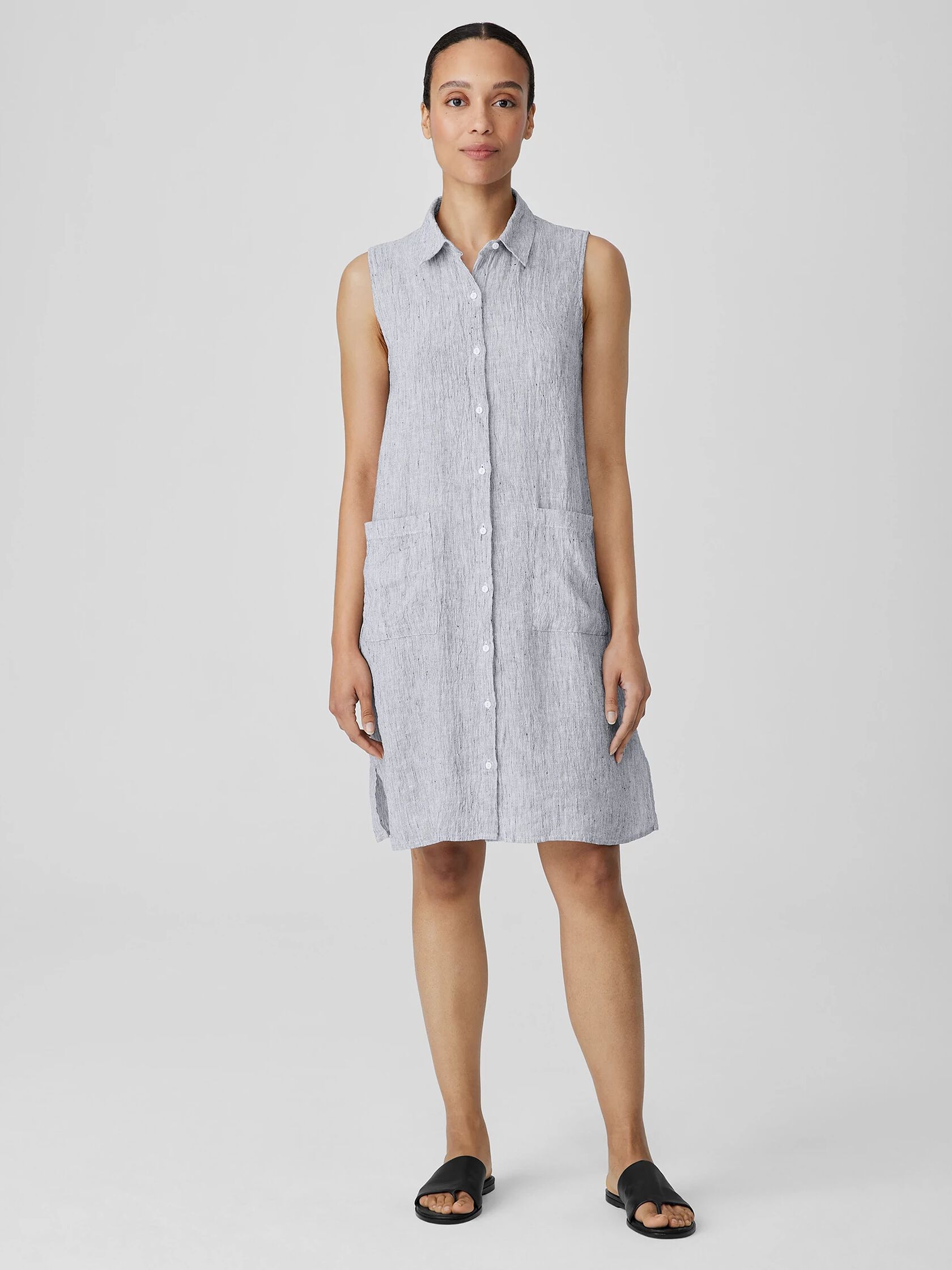Striped Organic Linen Crinkle&nbsp;Sleeveless Shirtdress