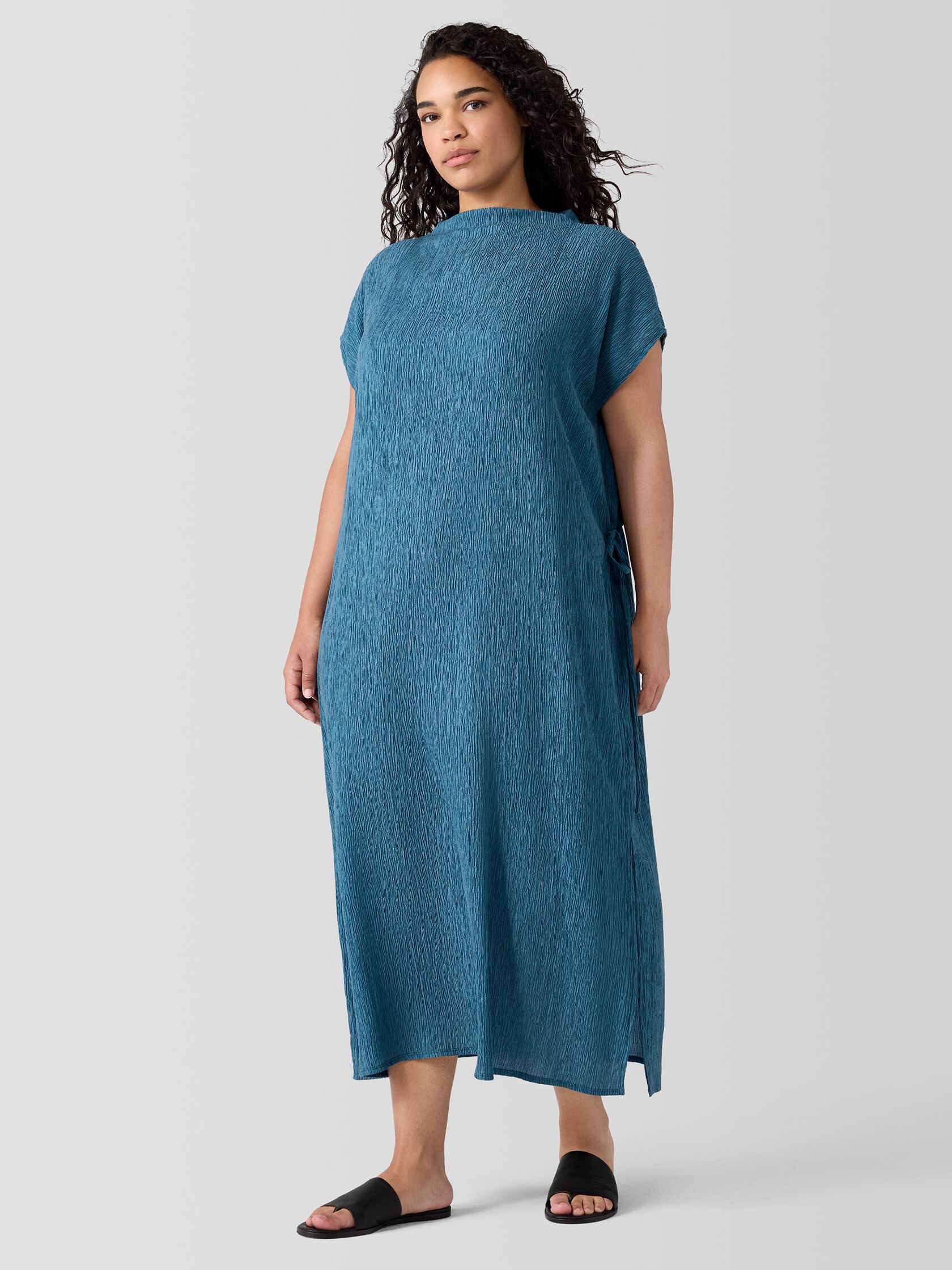 Woven Pliss&eacute; Funnel Neck Dress