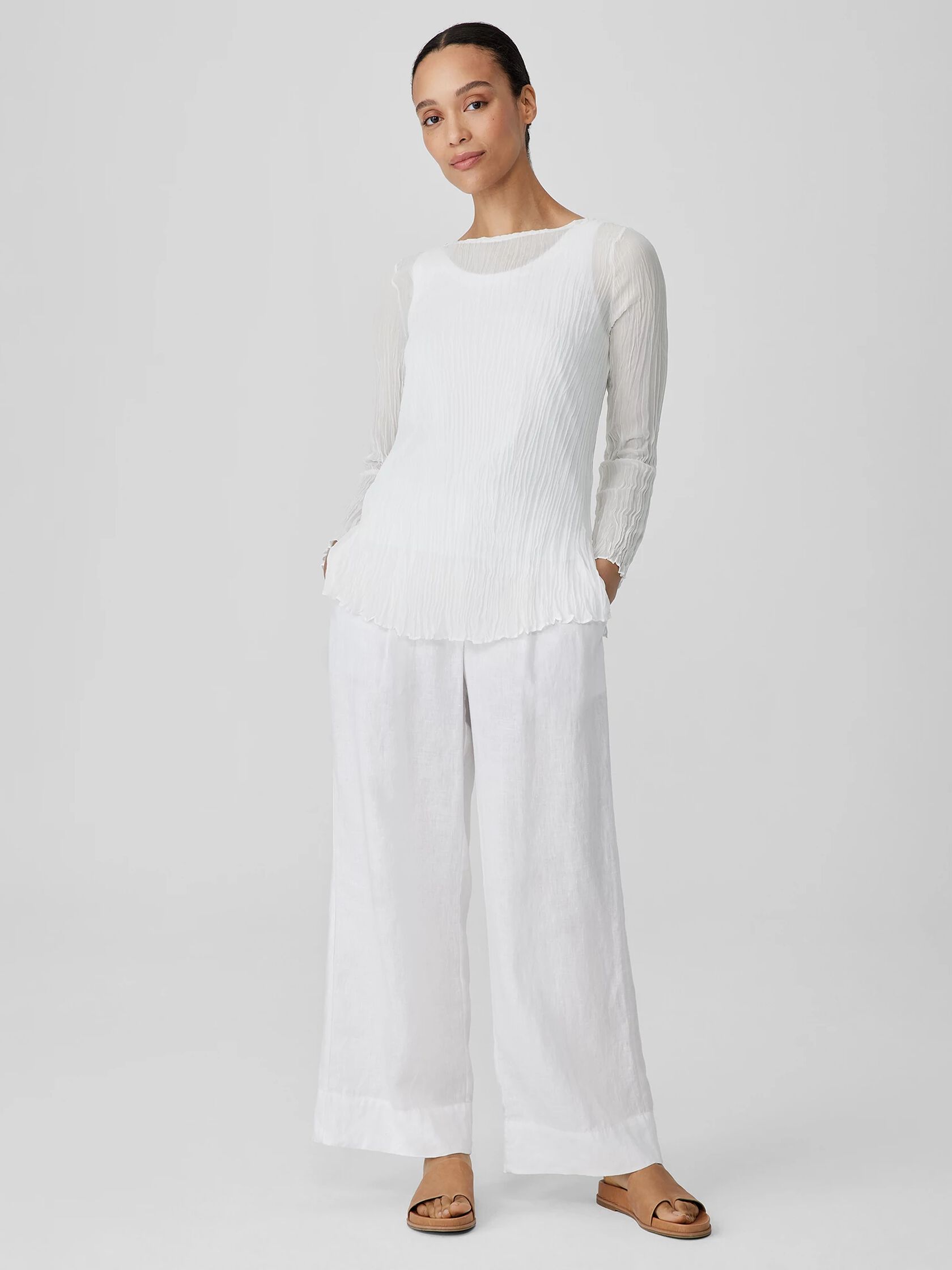 Crinkled Sheer Silk Georgette Bateau Neck Long Top