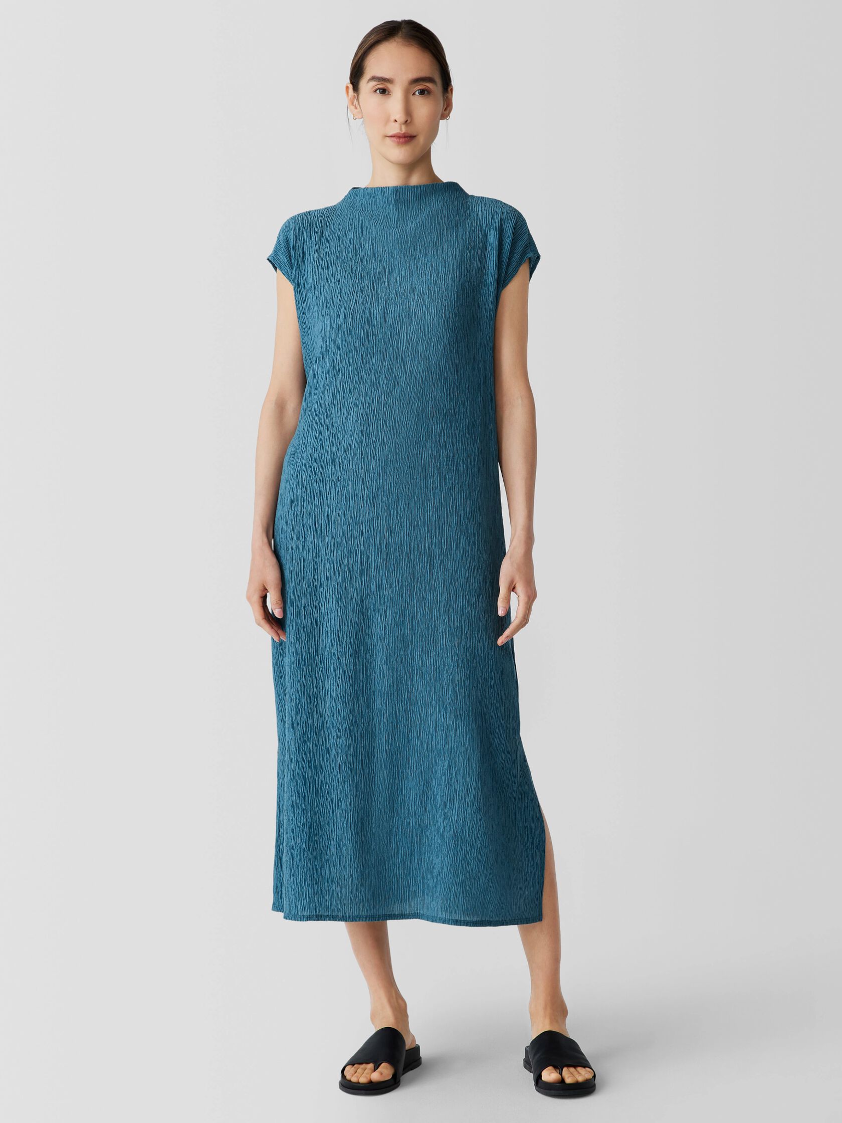 Woven Pliss&eacute; Funnel Neck Dress