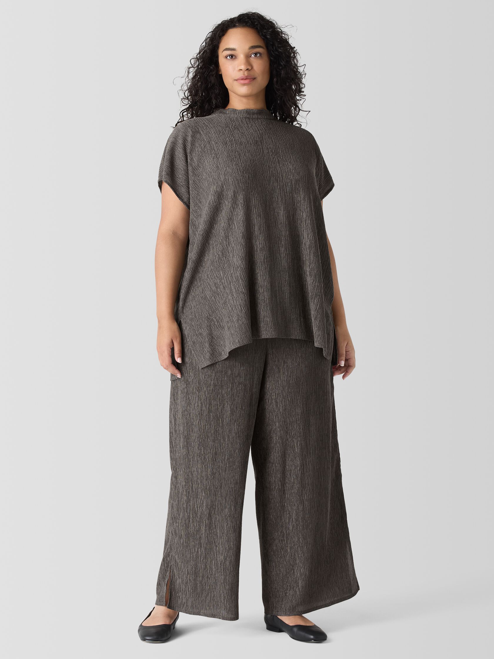 Woven Pliss&eacute; Mock Neck Top