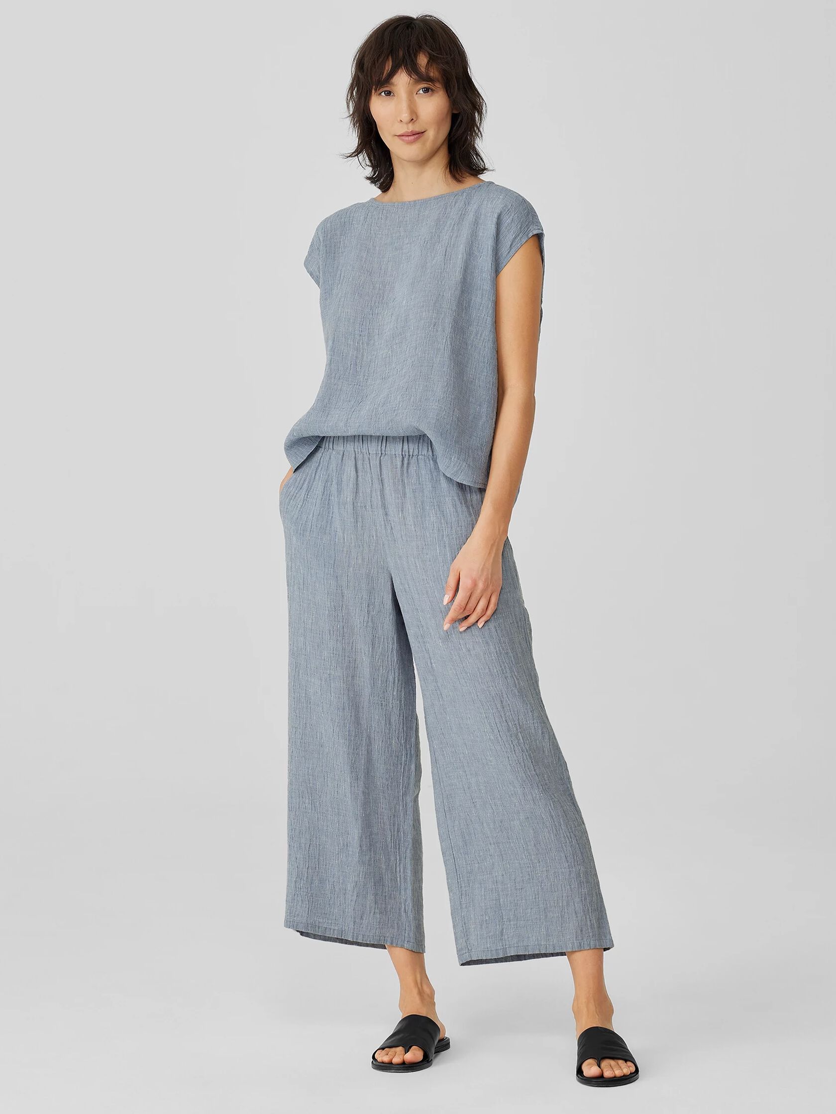 Striped Organic Linen Crinkle&nbsp;Wide-Leg Pant
