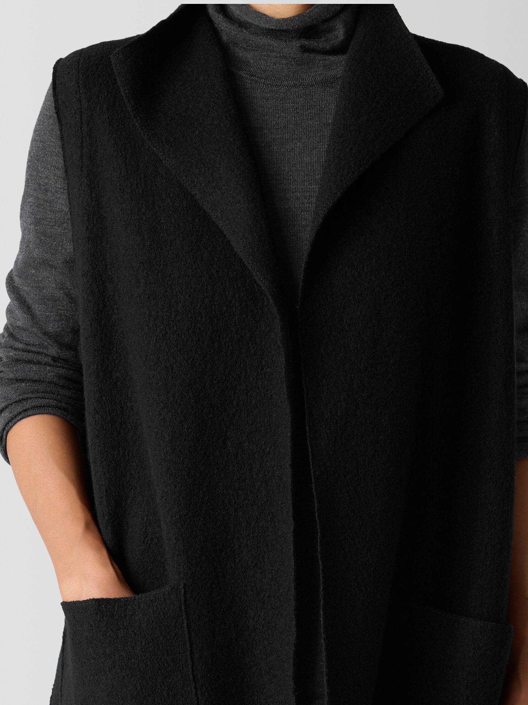 Lightweight Boiled Wool Shawl Collar Vest in Regenerative Wool