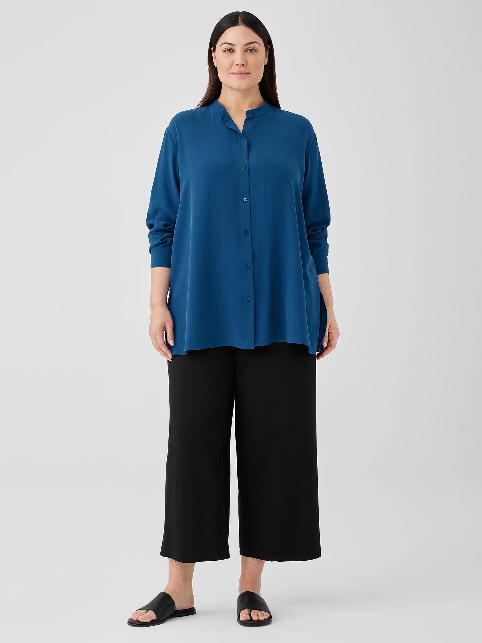 Silk Georgette Crepe Band Collar Shirt