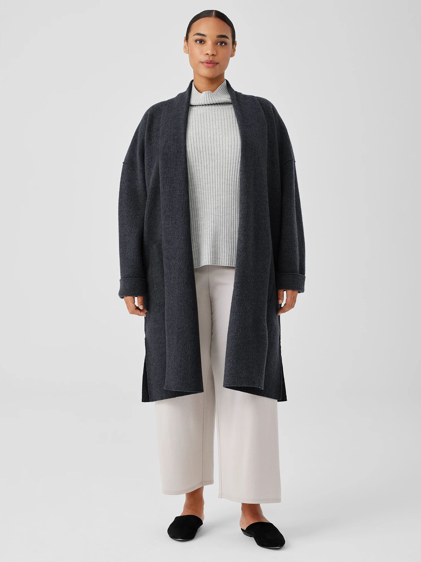 Lightweight Boiled&nbsp;Wool High Collar Coat in Regenerative Wool