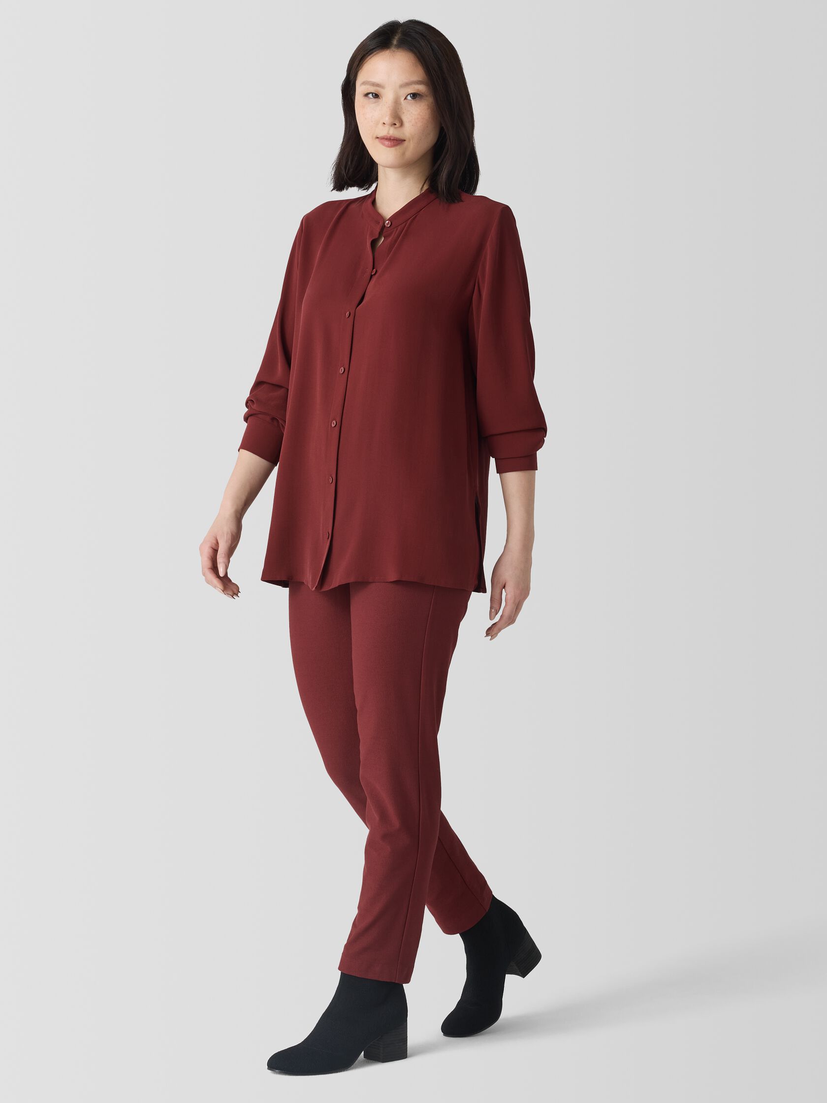 Silk Georgette Crepe Band Collar Shirt