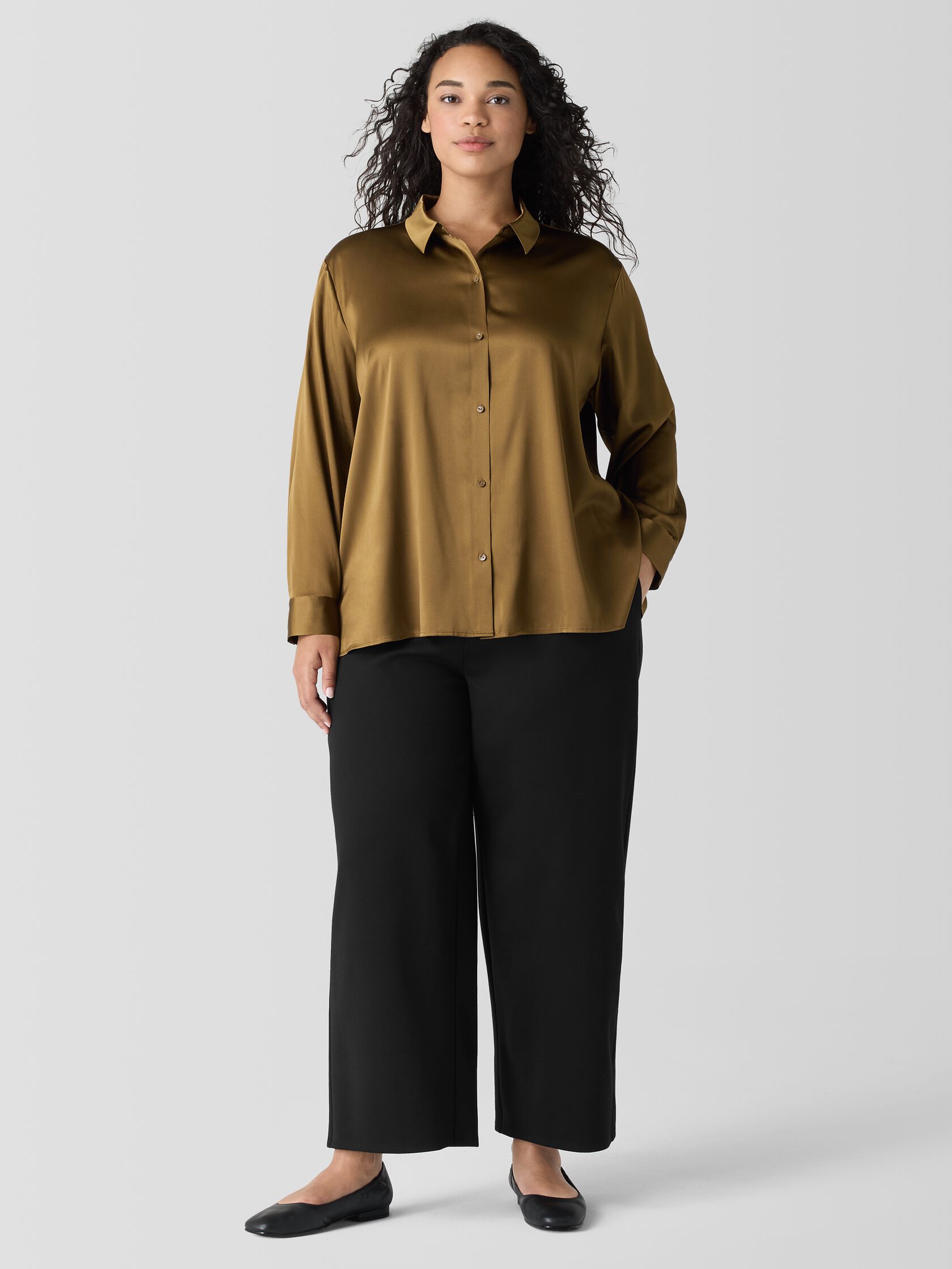 Stretch Silk Charmeuse Classic Collar Shirt