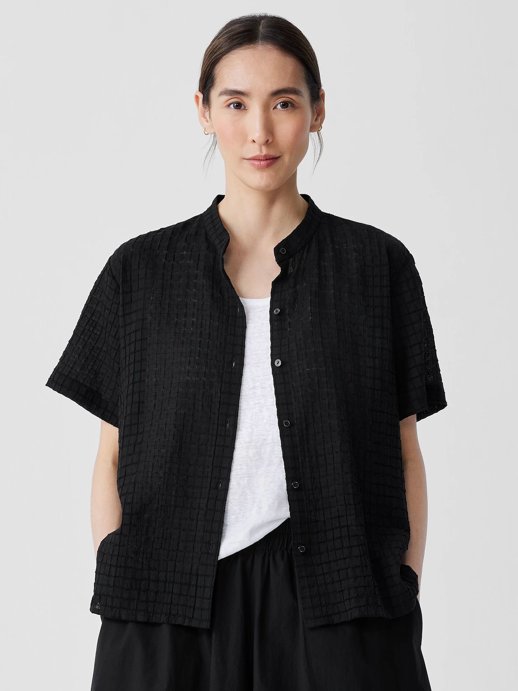 Organic Cotton Voile Box Band Collar Shirt