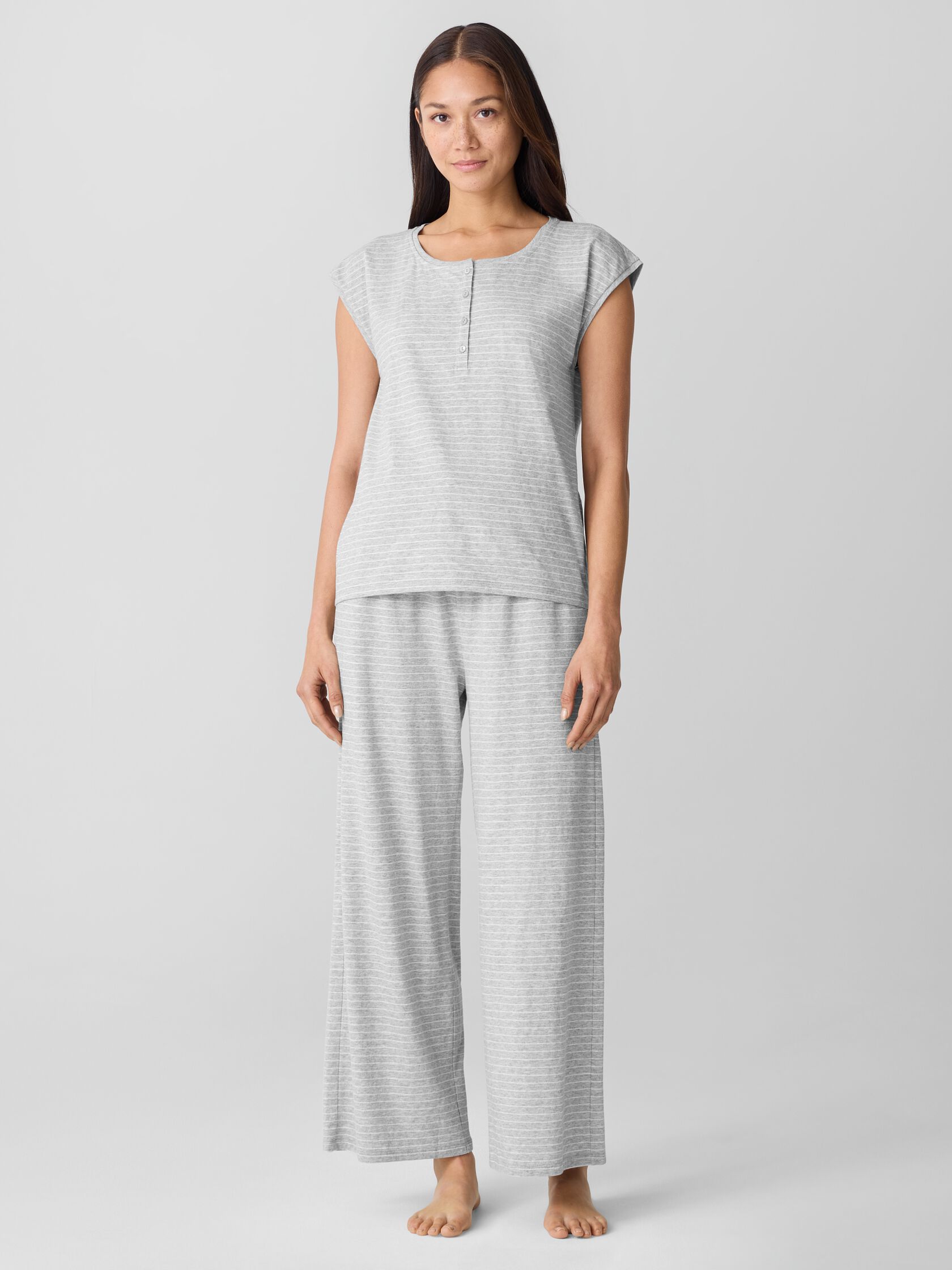 Striped Organic Cotton Jersey Henley Sleep Top