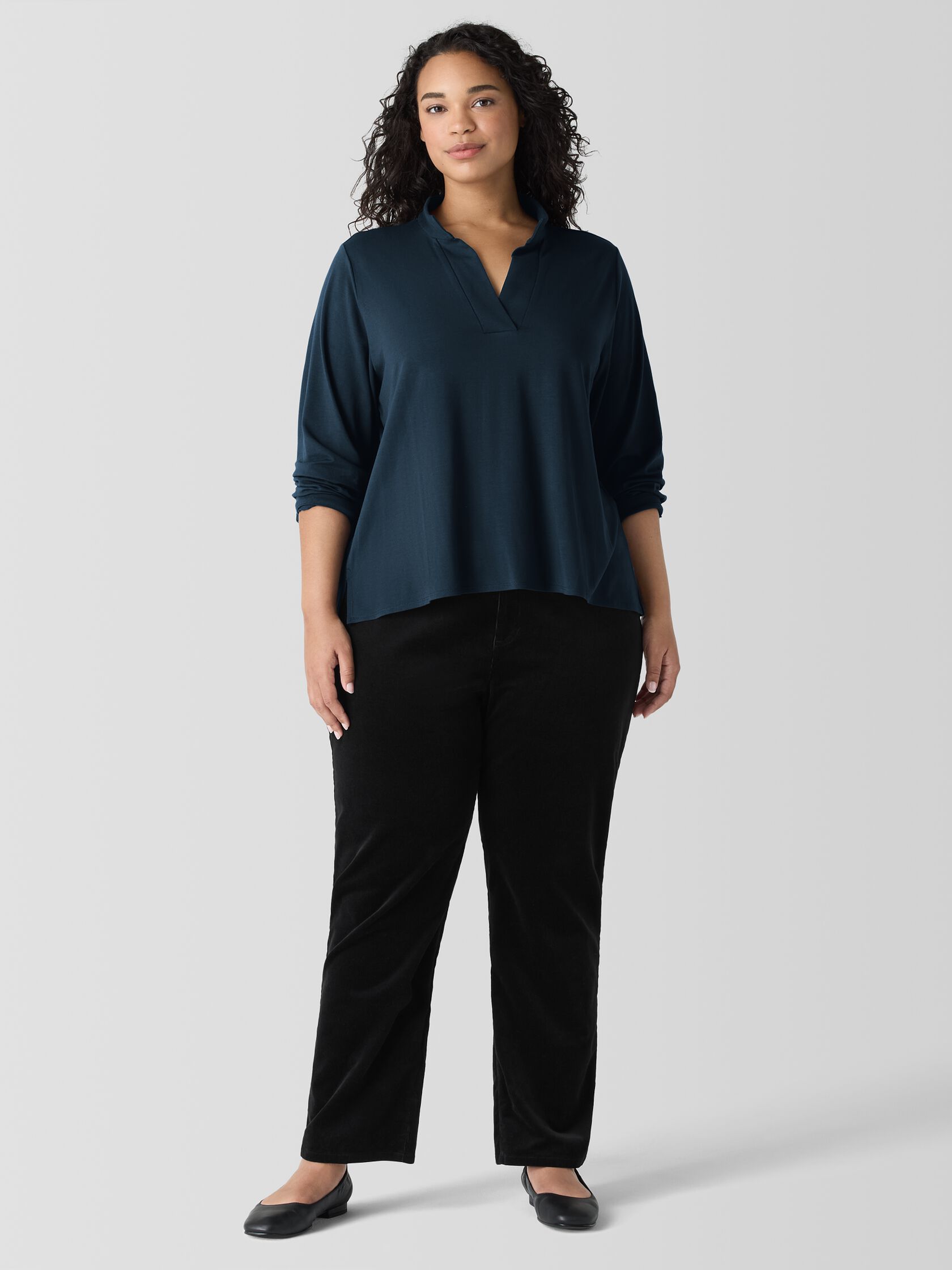 Stretch Jersey Knit Band Collar Top