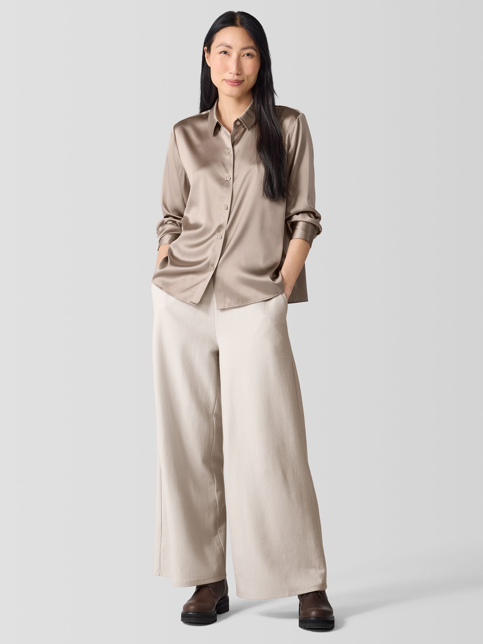 Stretch Silk Charmeuse&nbsp;Classic Collar Shirt