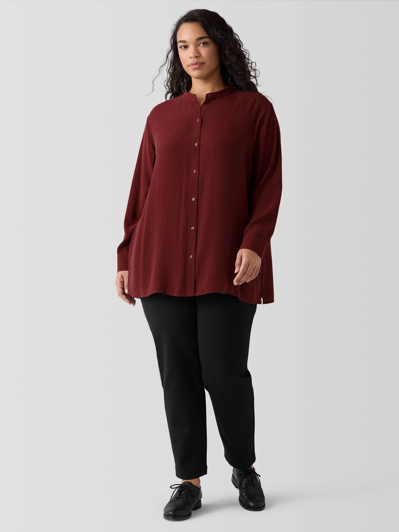 Silk Georgette Crepe Band Collar Shirt