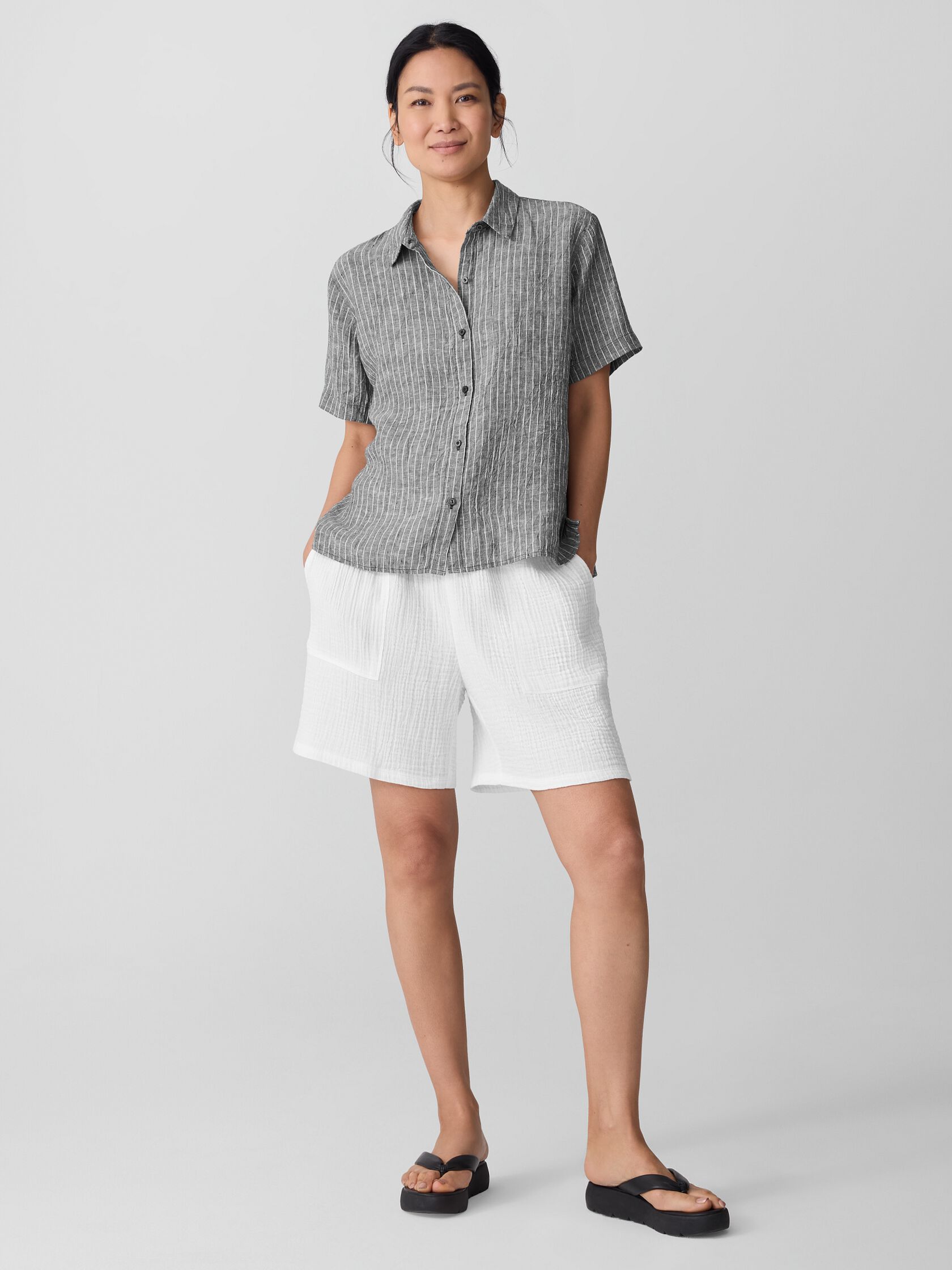 Puckered Organic Linen Short-Sleeve Shirt
