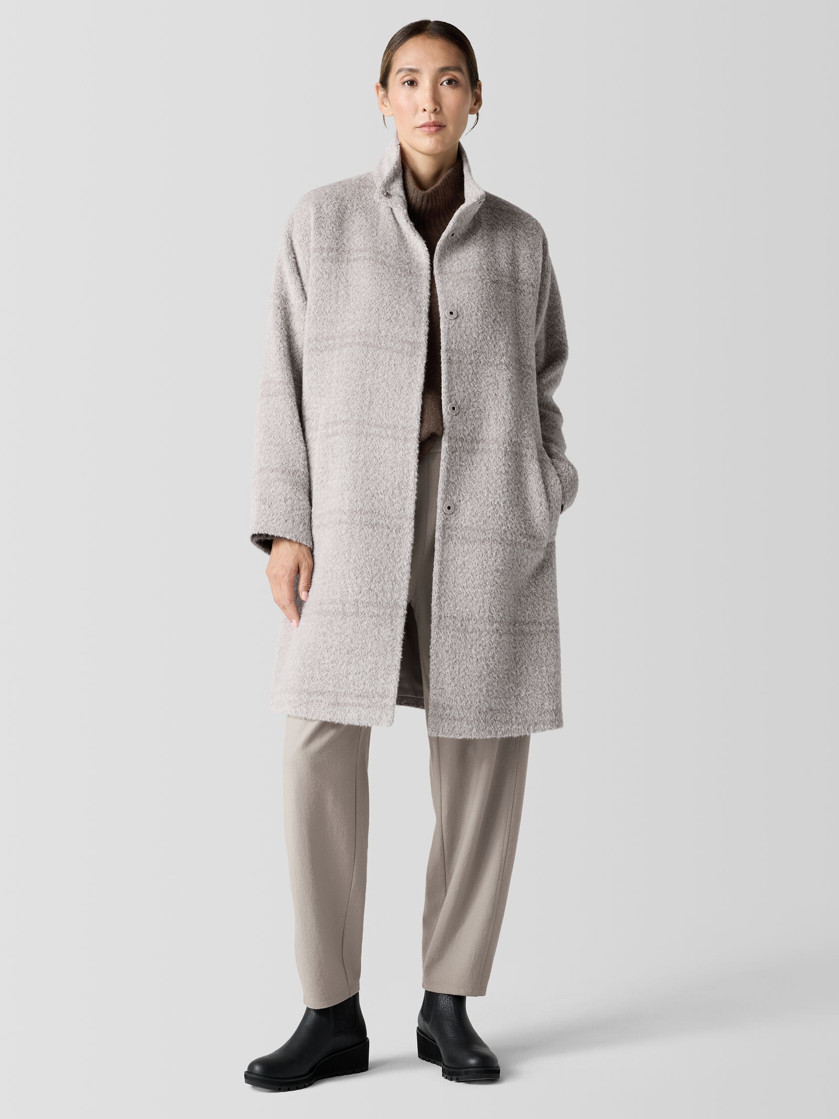 Luxe Alpaca Windowpane Stand Collar Coat