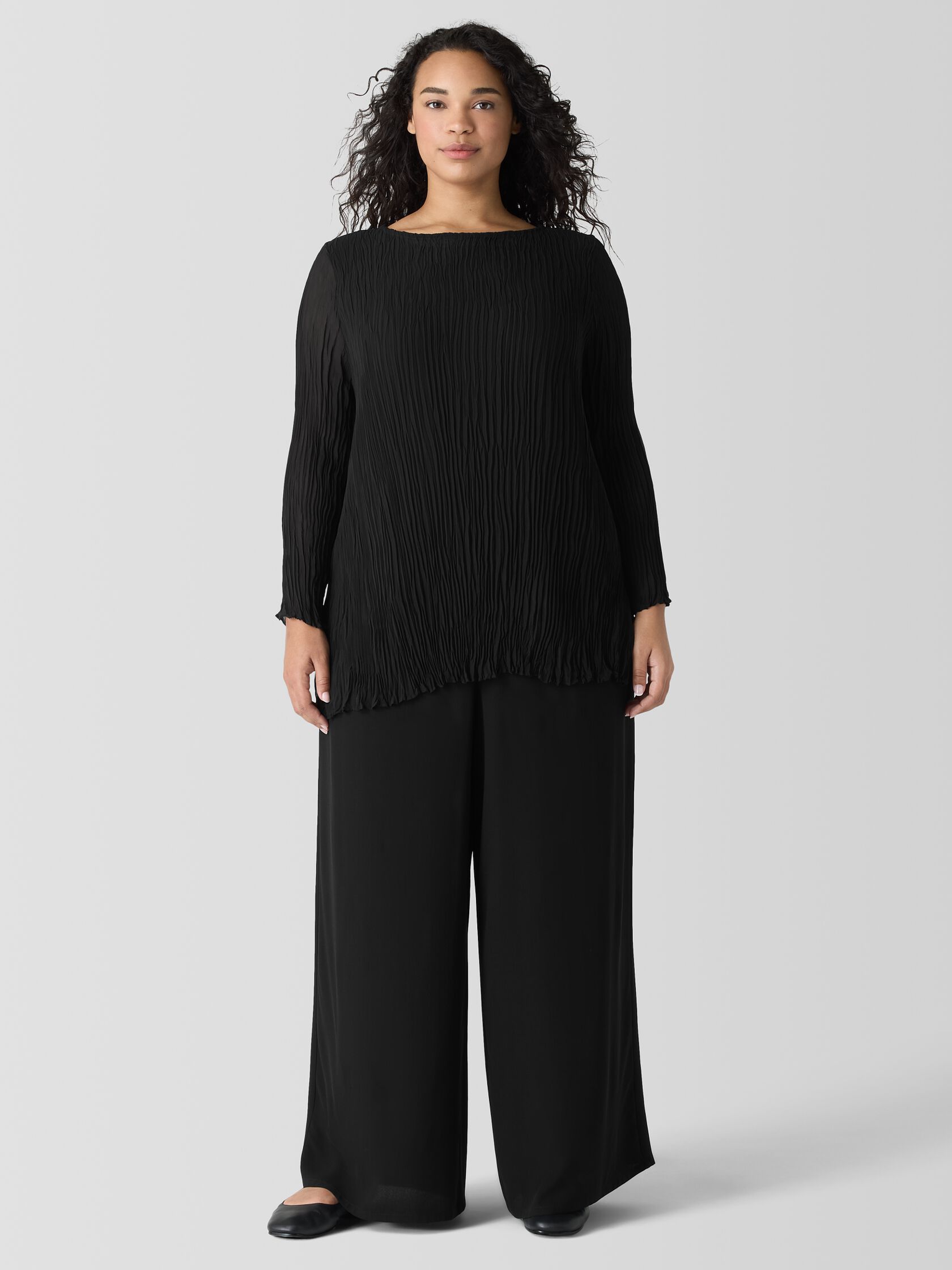 Crinkled Sheer Silk Georgette&nbsp;Bateau Neck Long Top