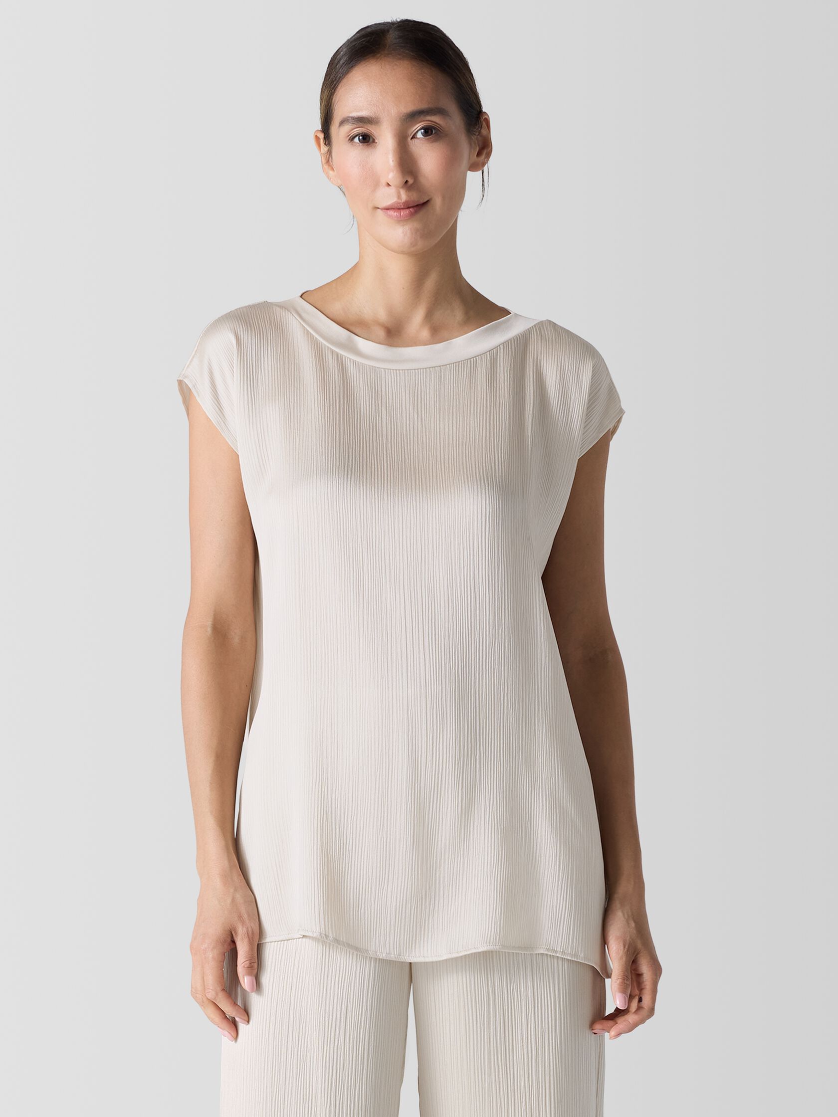 Striated Silk Satin Bateau Neck Top