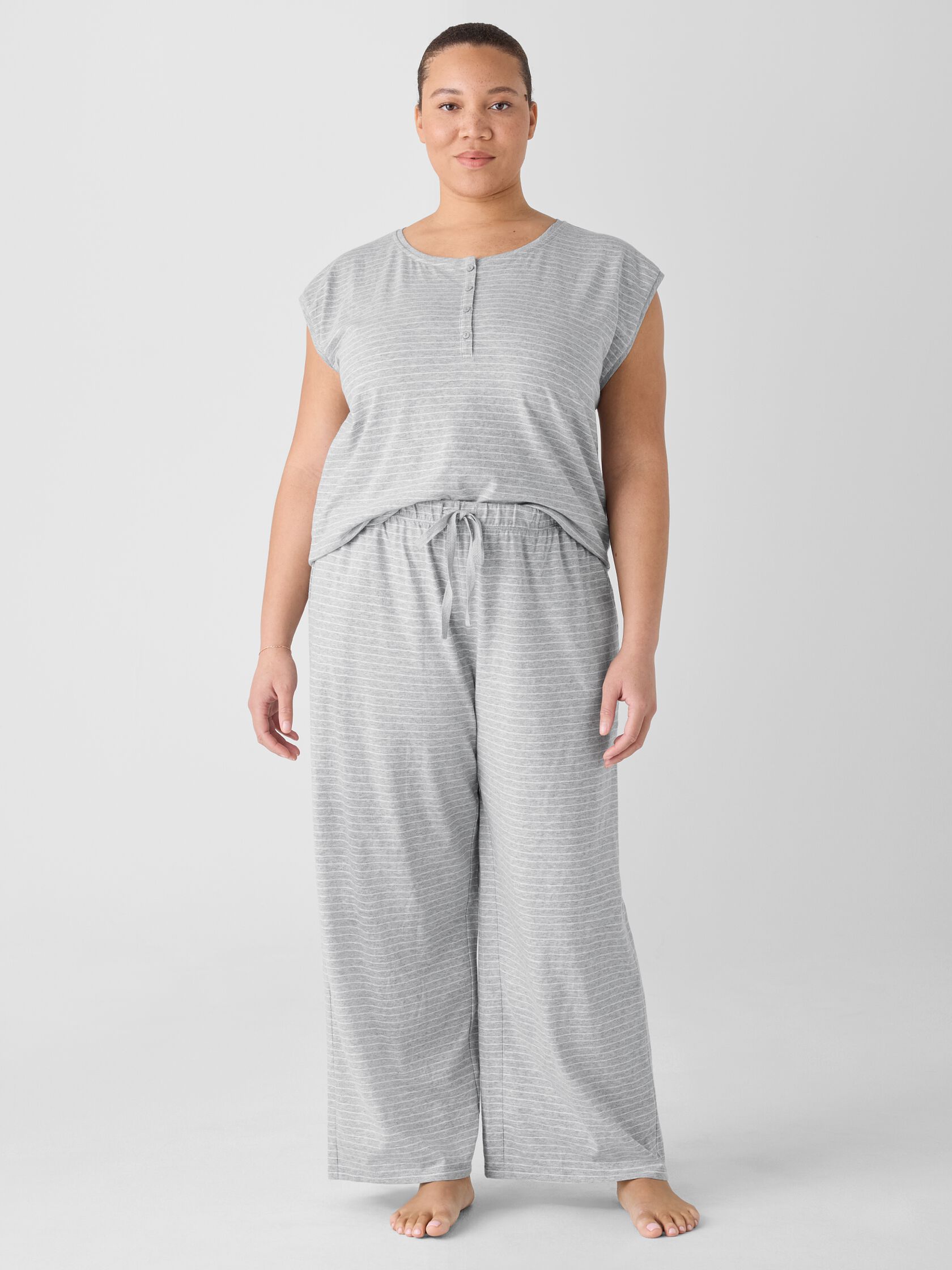 Striped Organic Cotton Jersey Henley Sleep Top