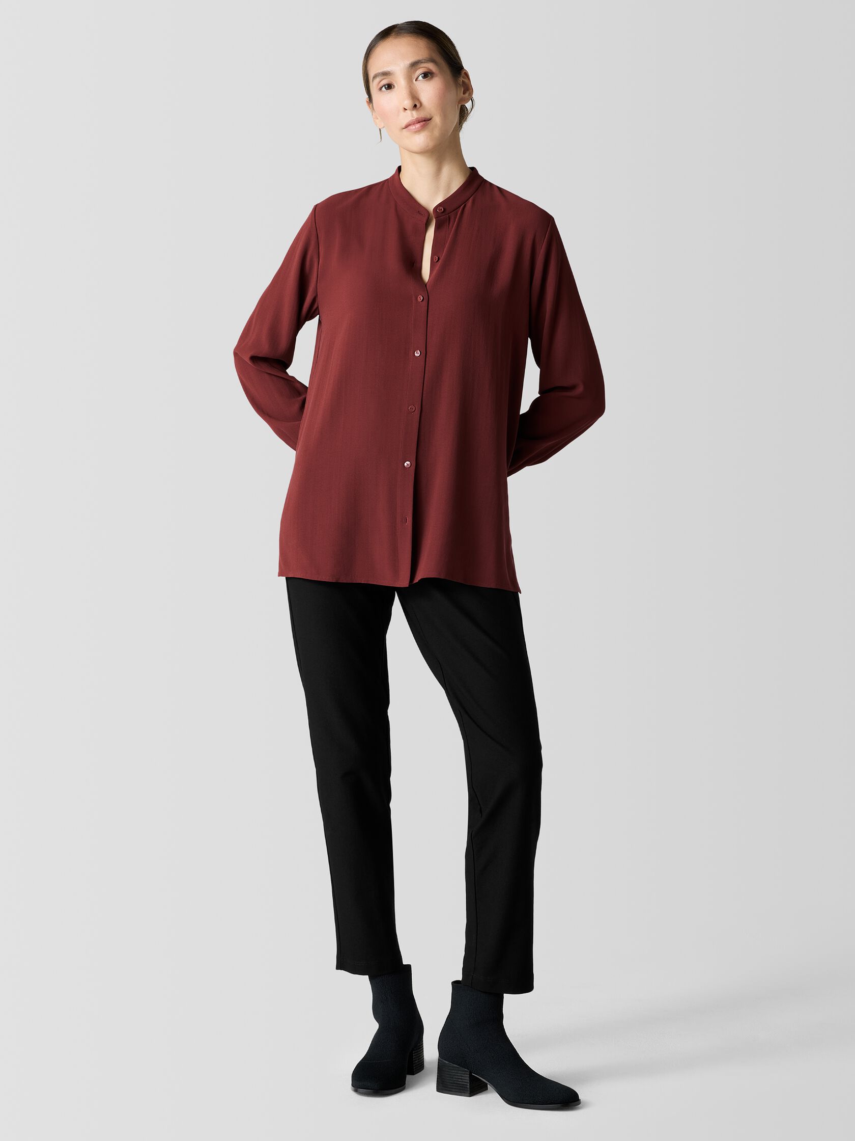 Silk Georgette Crepe Band Collar Shirt