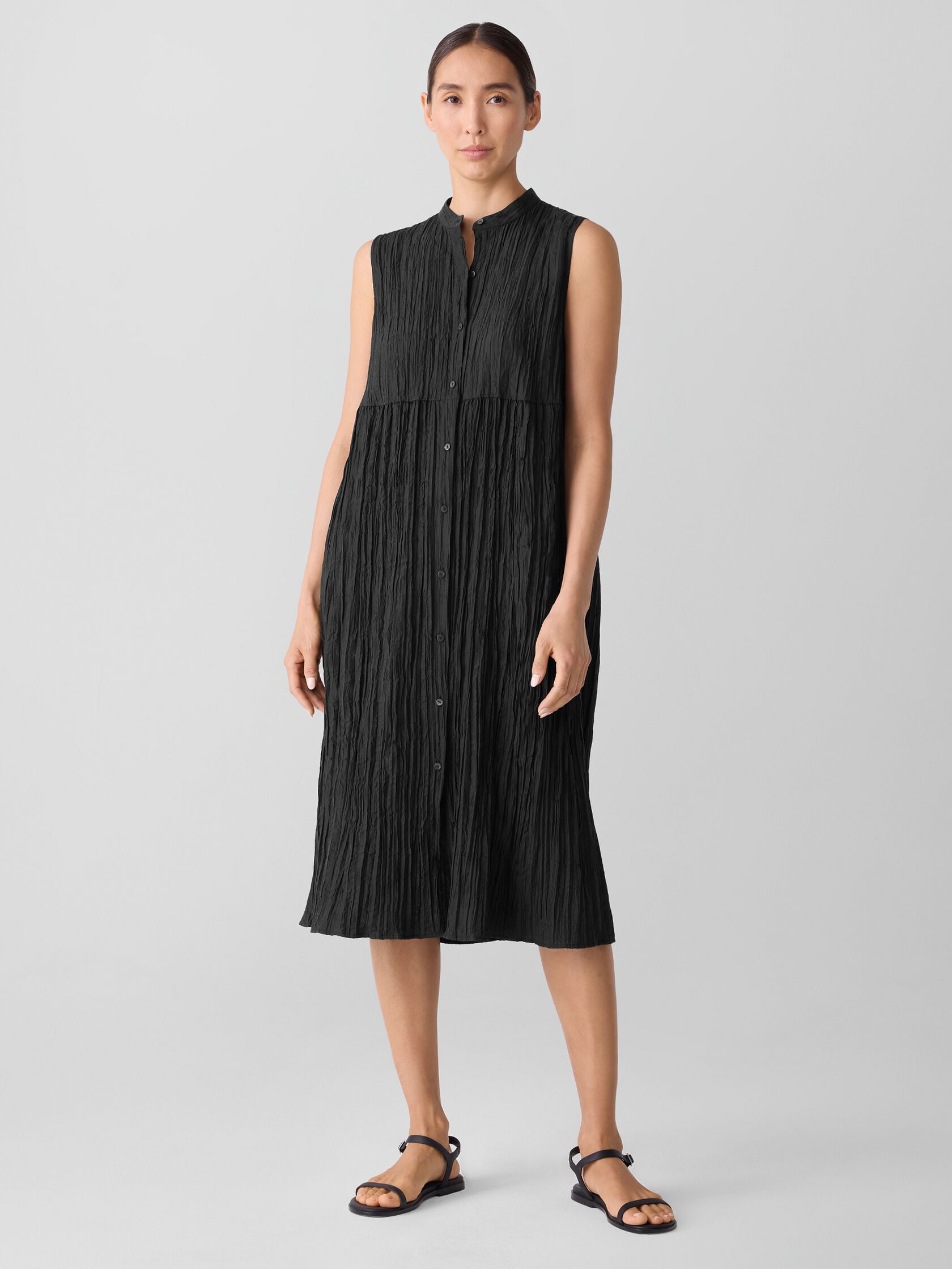 Crinkle Silk Habutai Band Collar Dress