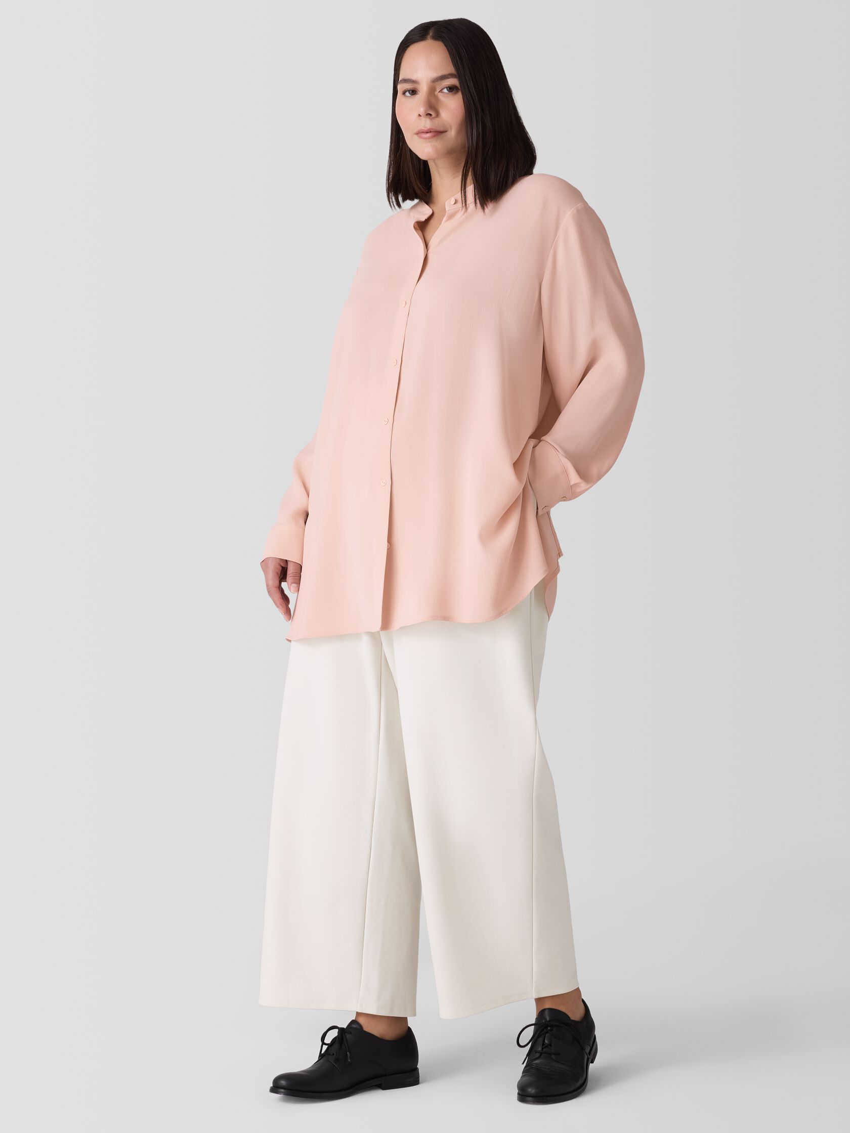 Silk Georgette Crepe Band Collar Shirt