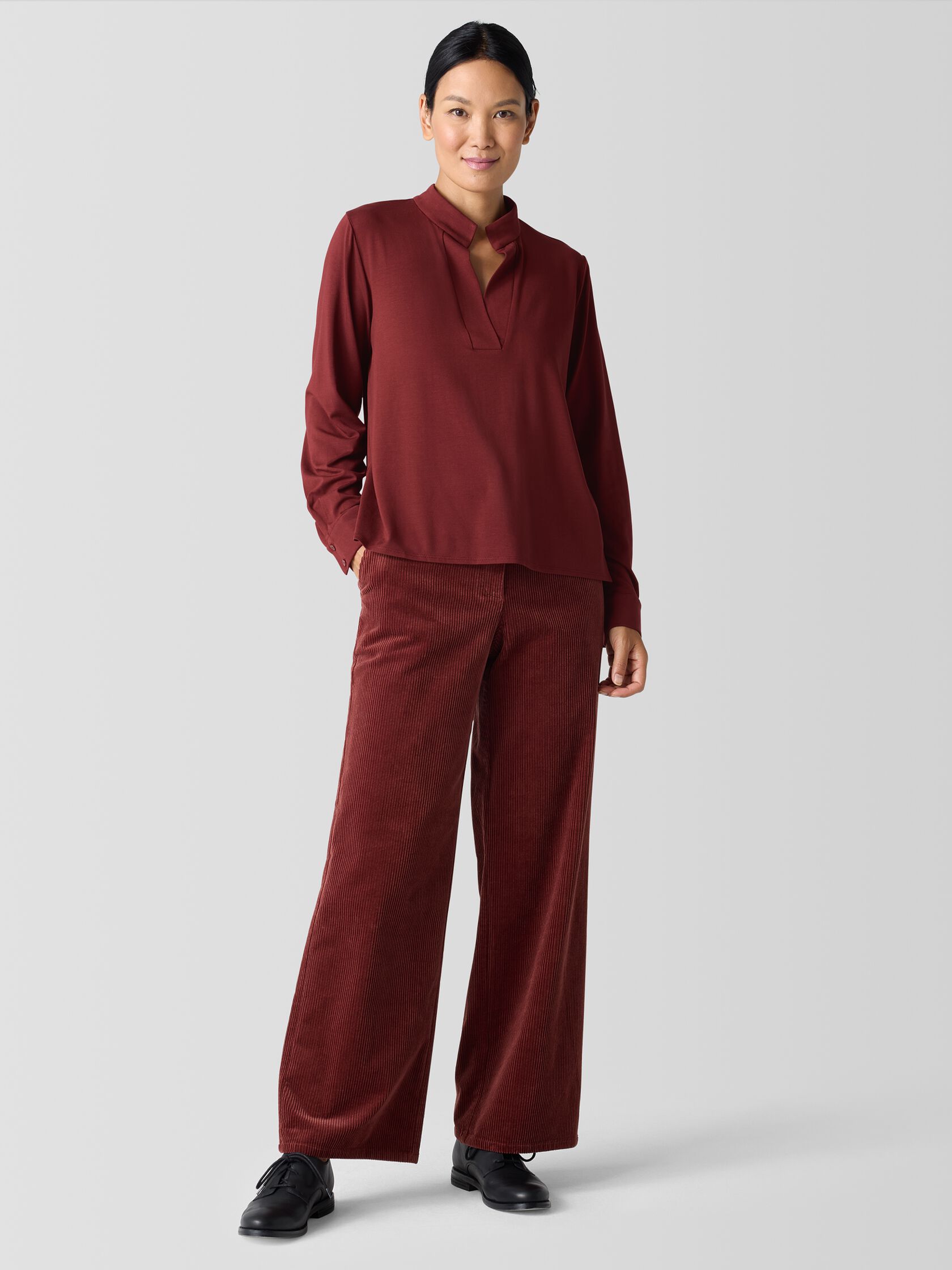 Stretch Jersey Knit Band Collar Top