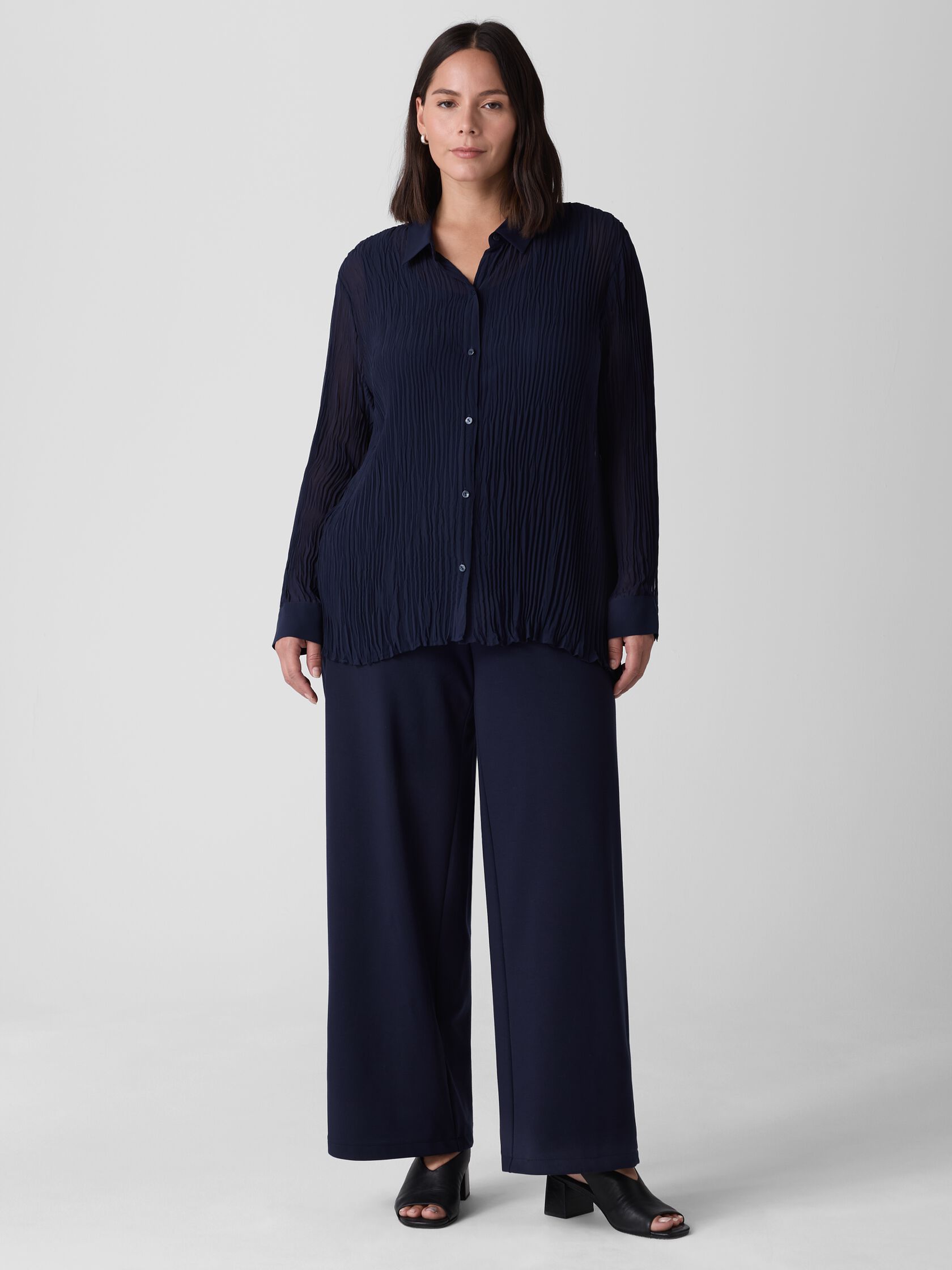 Crinkled Sheer Silk Georgette Classic Collar Shirt