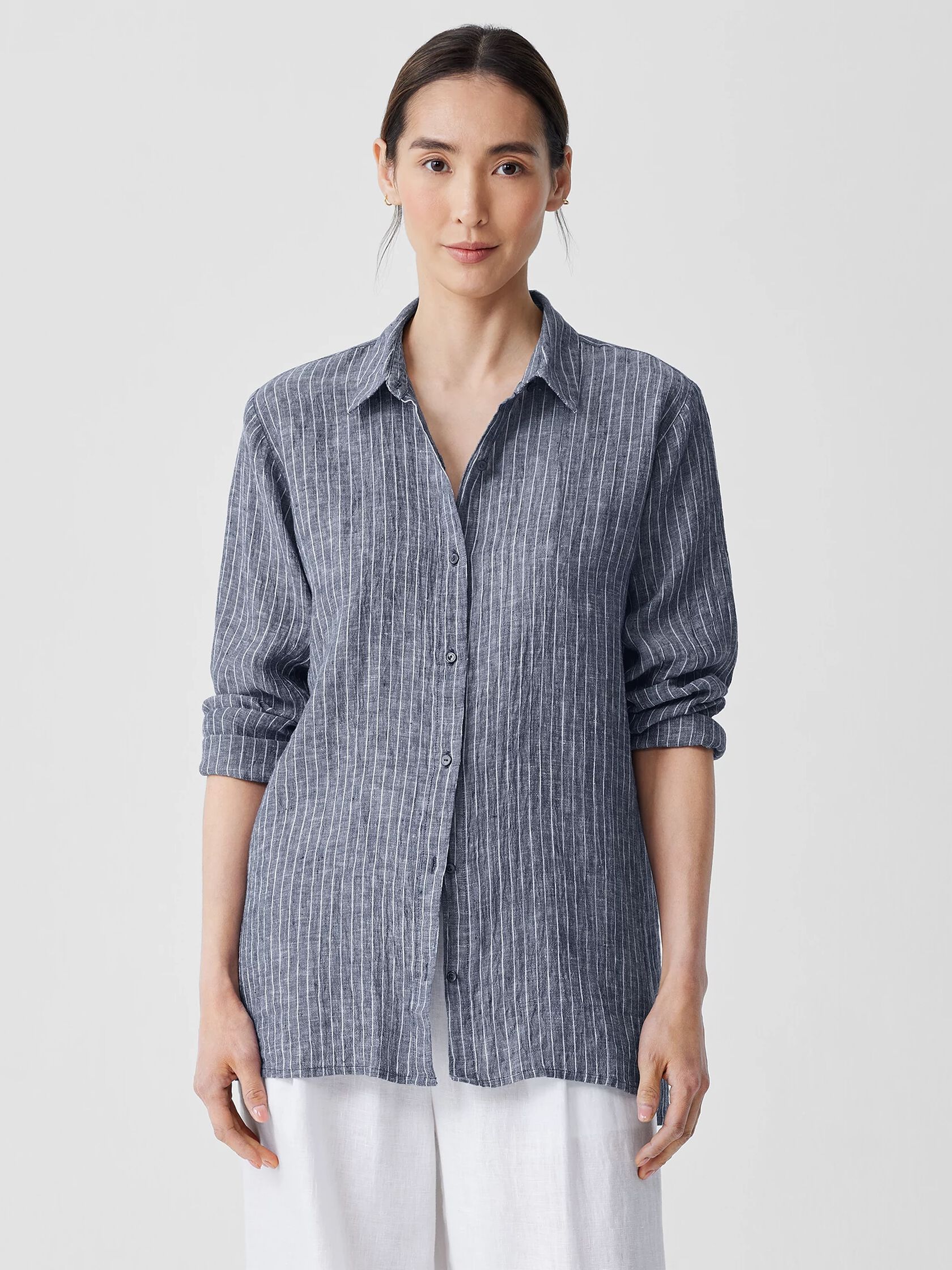 Puckered Organic Linen&nbsp;Classic Collar Long Shirt