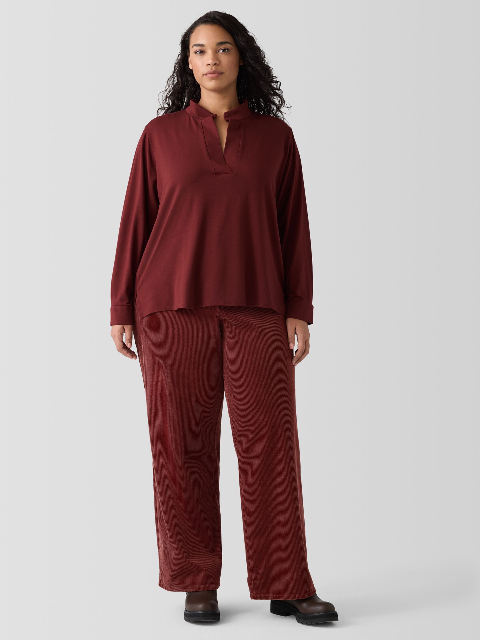 Stretch Jersey Knit Band Collar Top