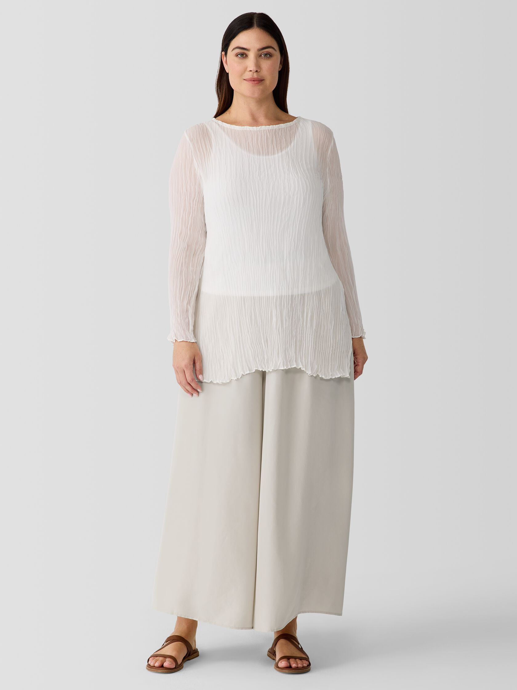 Crinkled Sheer Silk Georgette Bateau Neck Long Top