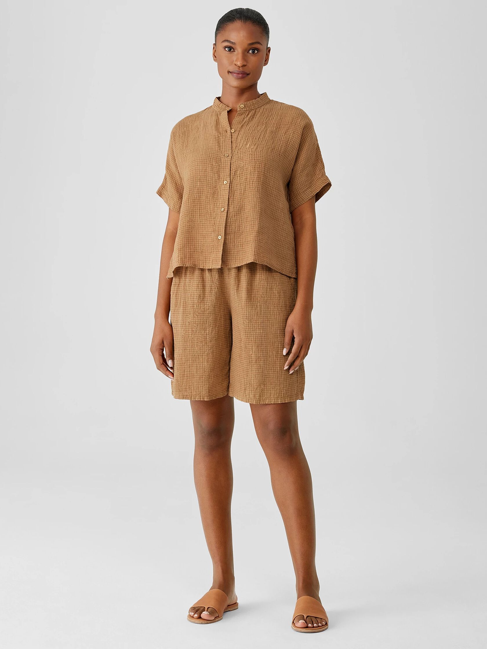 Puckered Organic Linen Short-Sleeve Shirt
