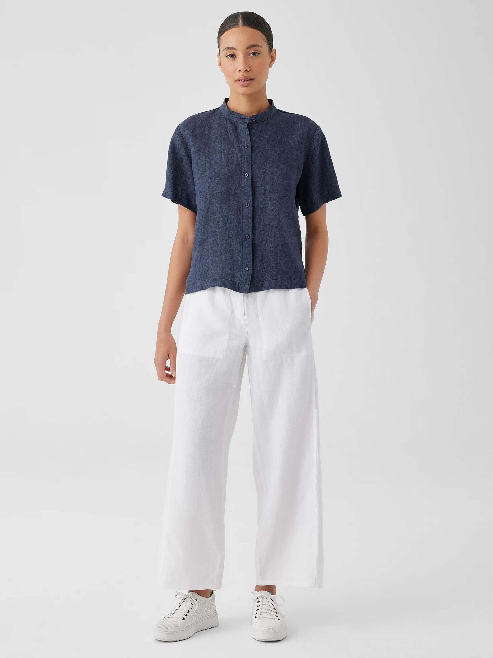 Washed Organic Linen D&eacute;lav&eacute; Band Collar Shirt