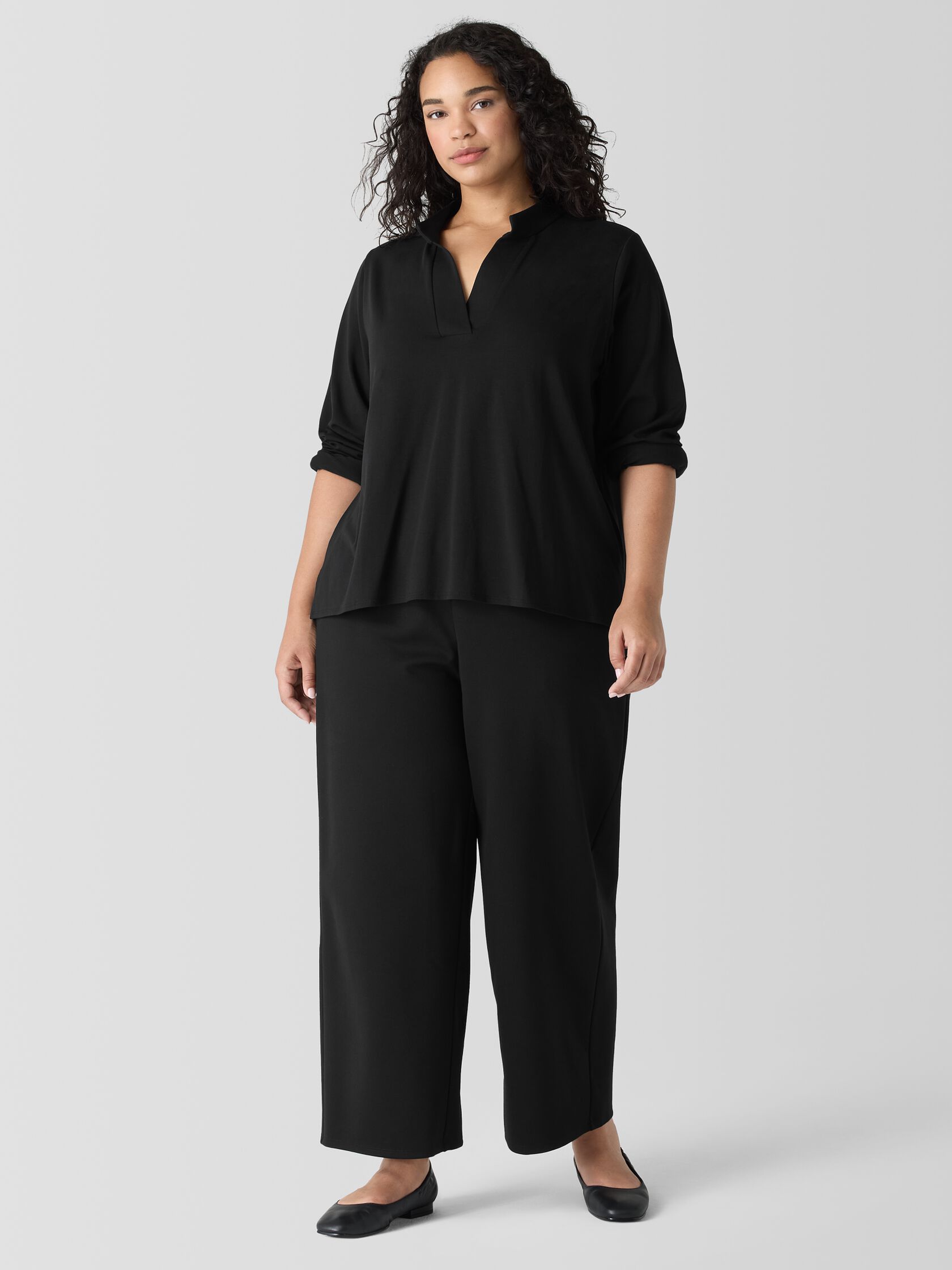 Stretch Jersey Knit Band Collar Top