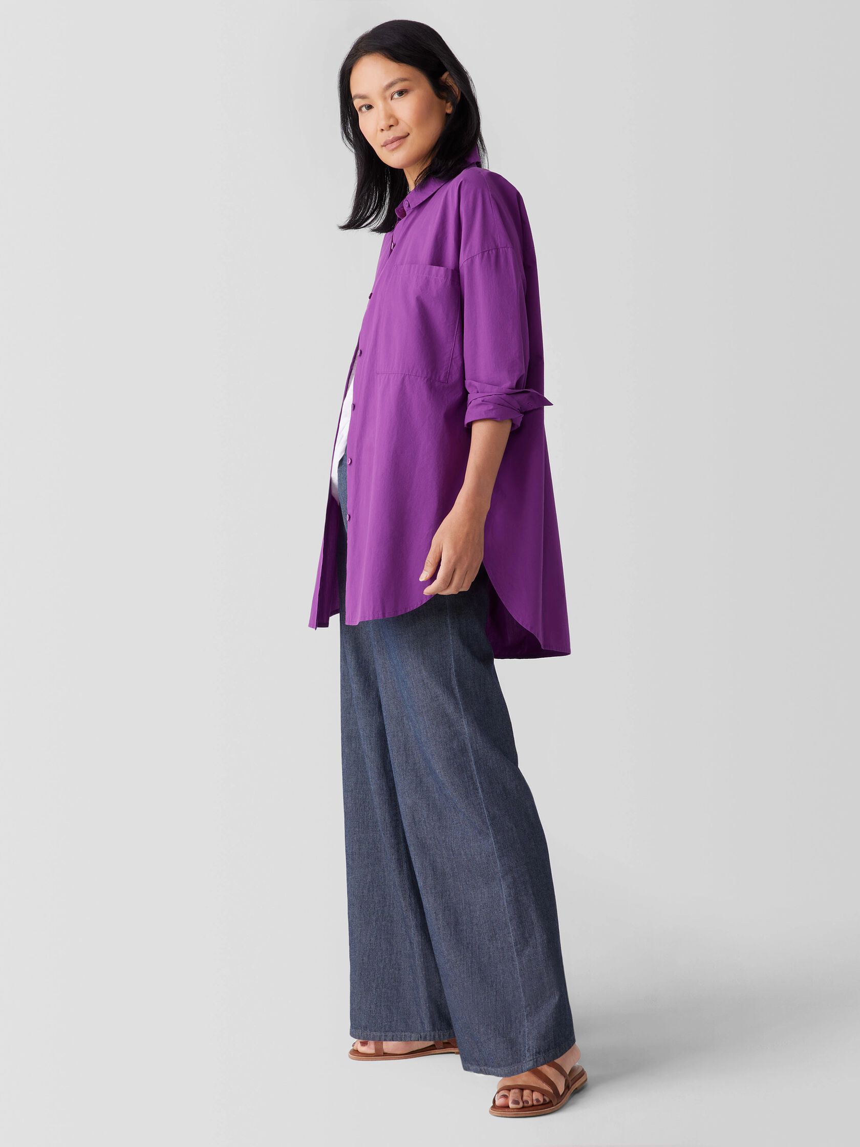 Washed Organic Cotton Poplin Classic Collar Long Shirt