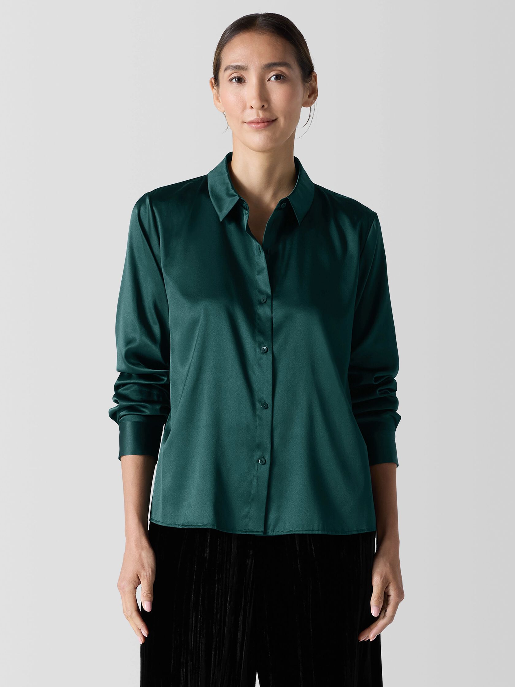 Stretch Silk Charmeuse Classic Collar Shirt