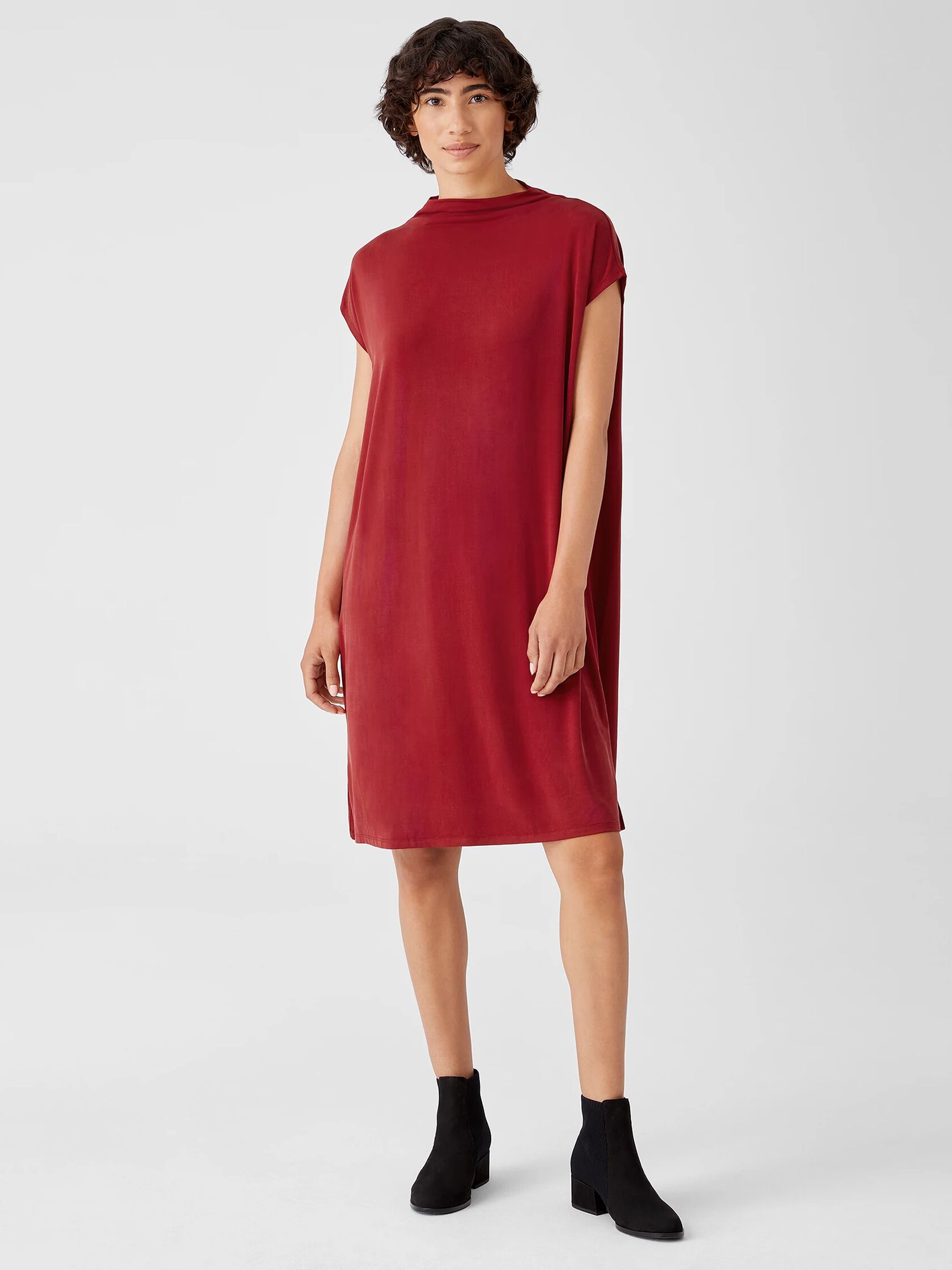Sueded Cupro Knit Funnel Neck Dress