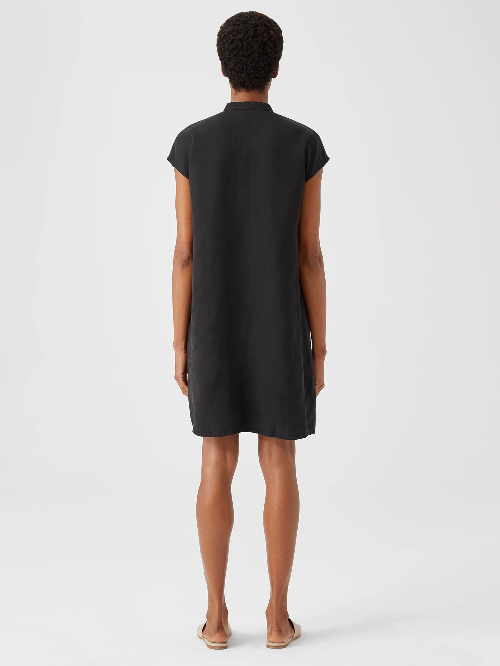 Linen Blend Mandarin Collar Shirtdress