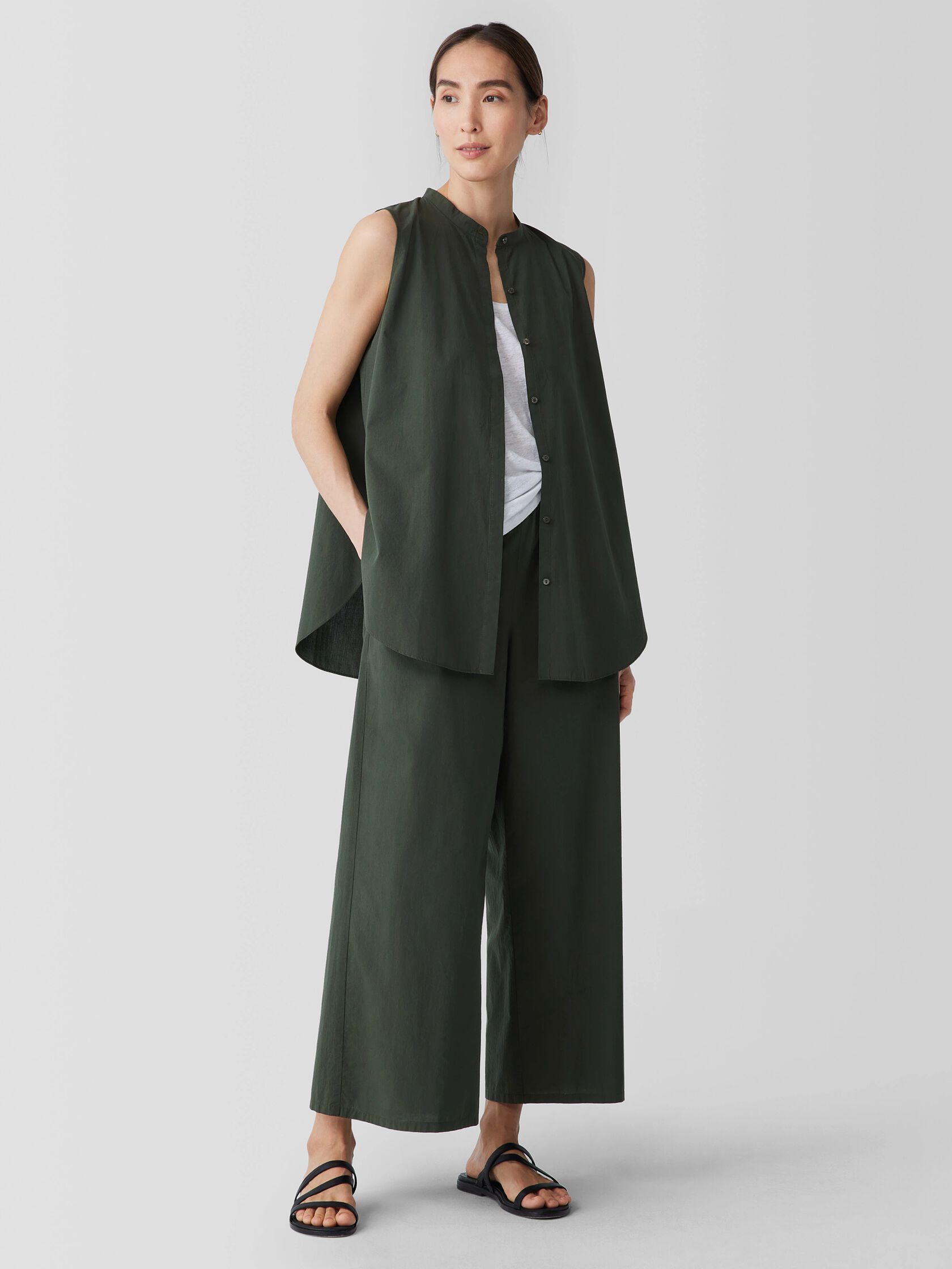 Washed Organic Cotton Poplin Band Collar Shirt