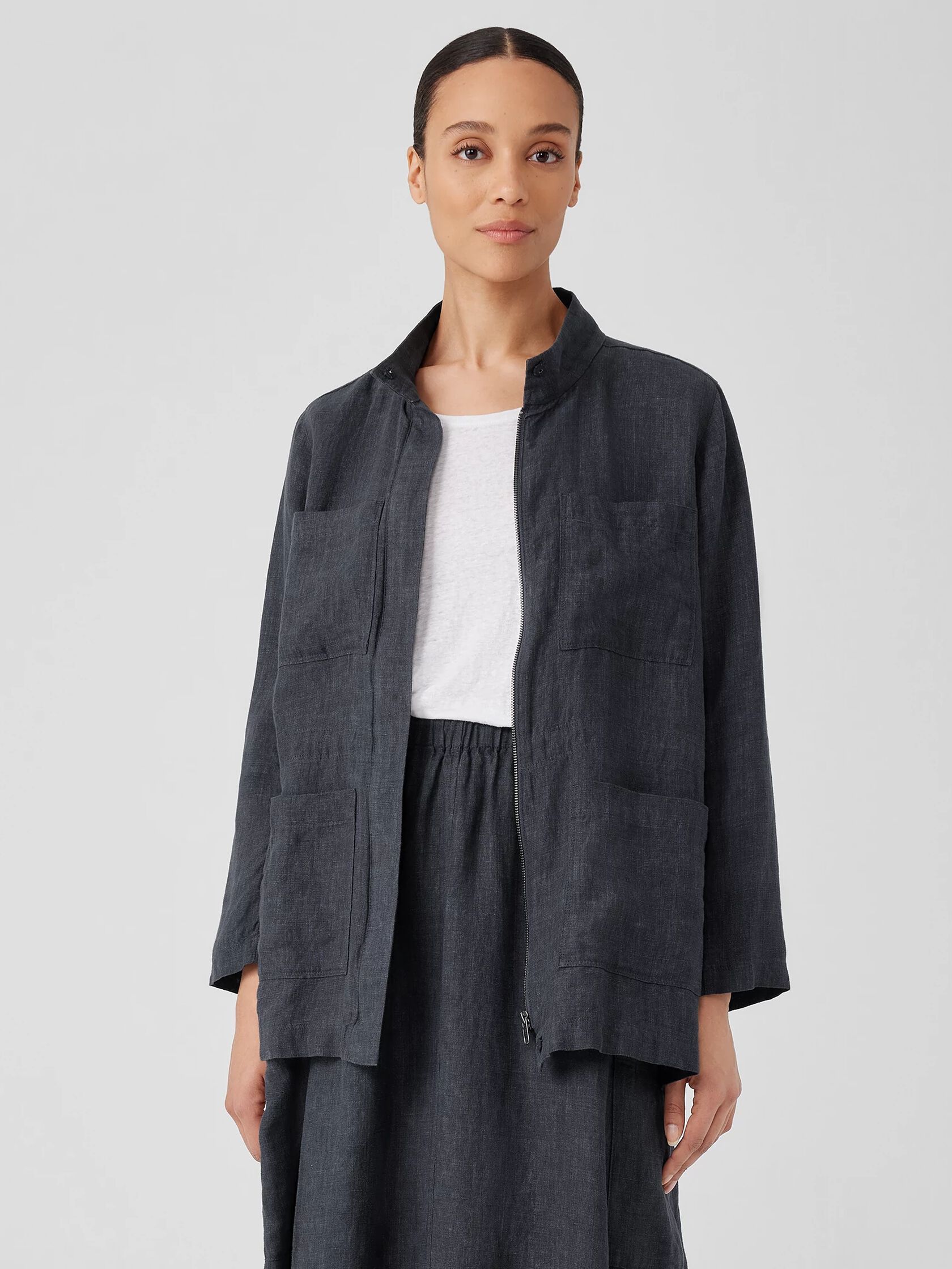 Washed Organic Linen D&eacute;lav&eacute; Stand Collar Jacket