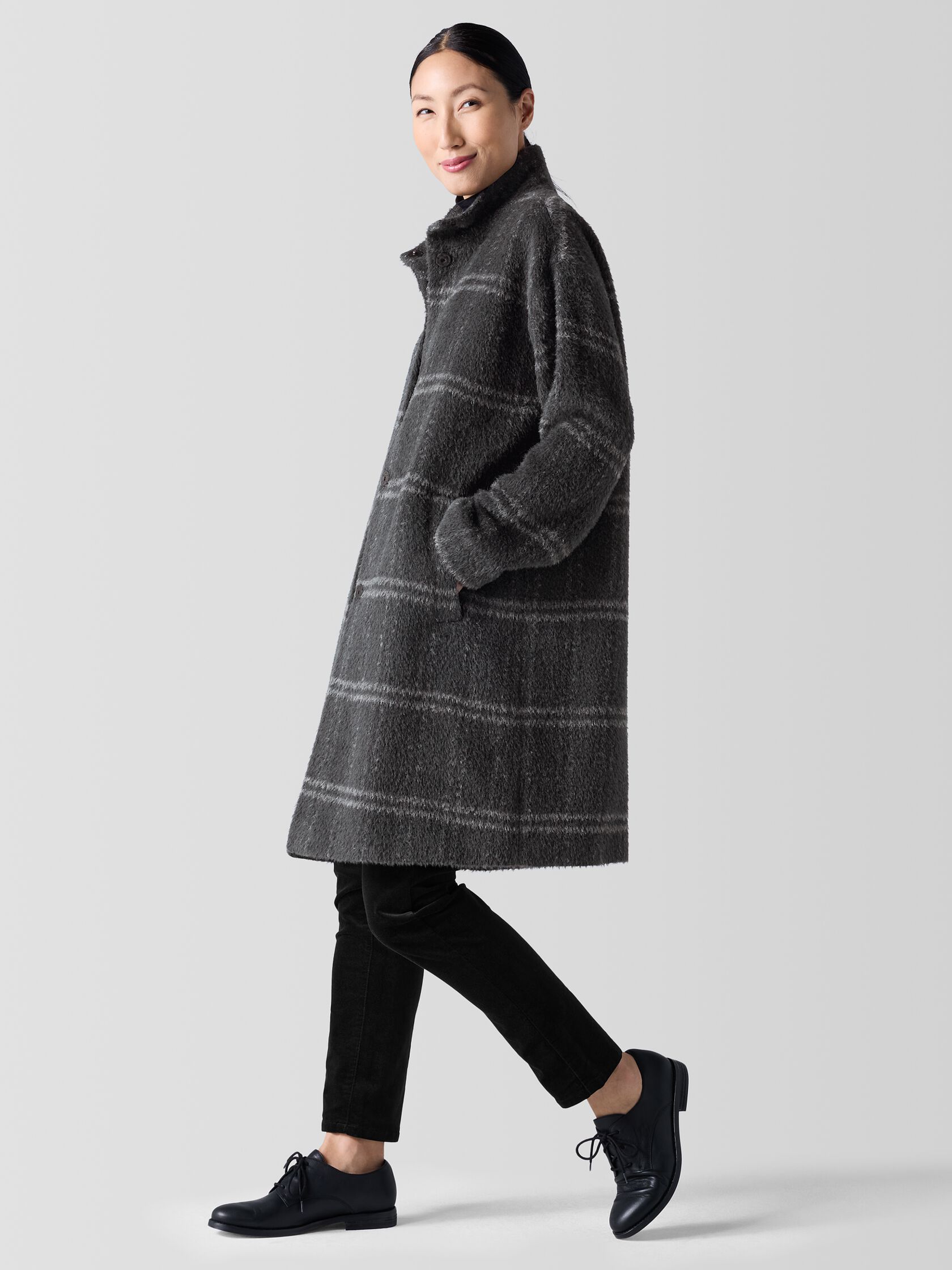 Luxe Alpaca Windowpane Stand Collar Coat